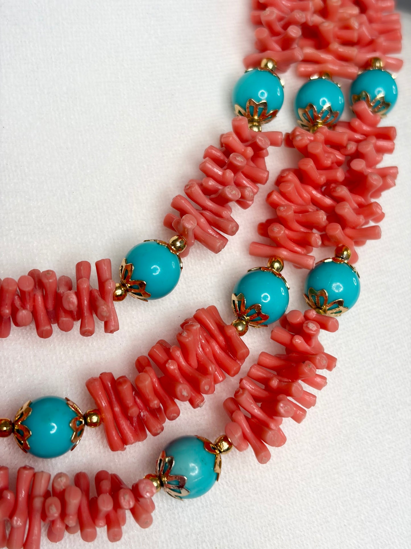 1950s Faux Coral/Turquoise Bead Three Strand Necklace