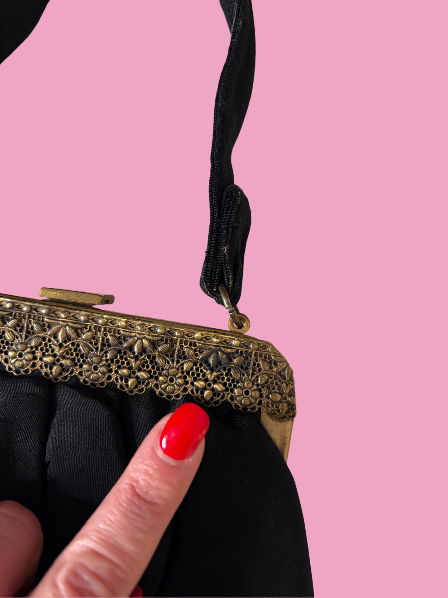 1940s Black Bag with Brass Filigree Frame