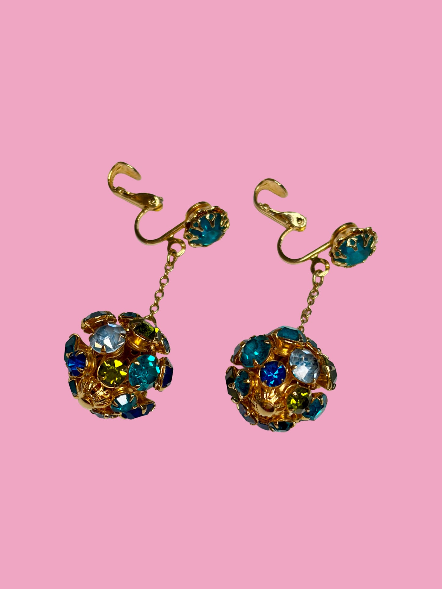 1960s Dazzling Blue/Green Rhinestone Dangle Gold Tone Clip Earrings