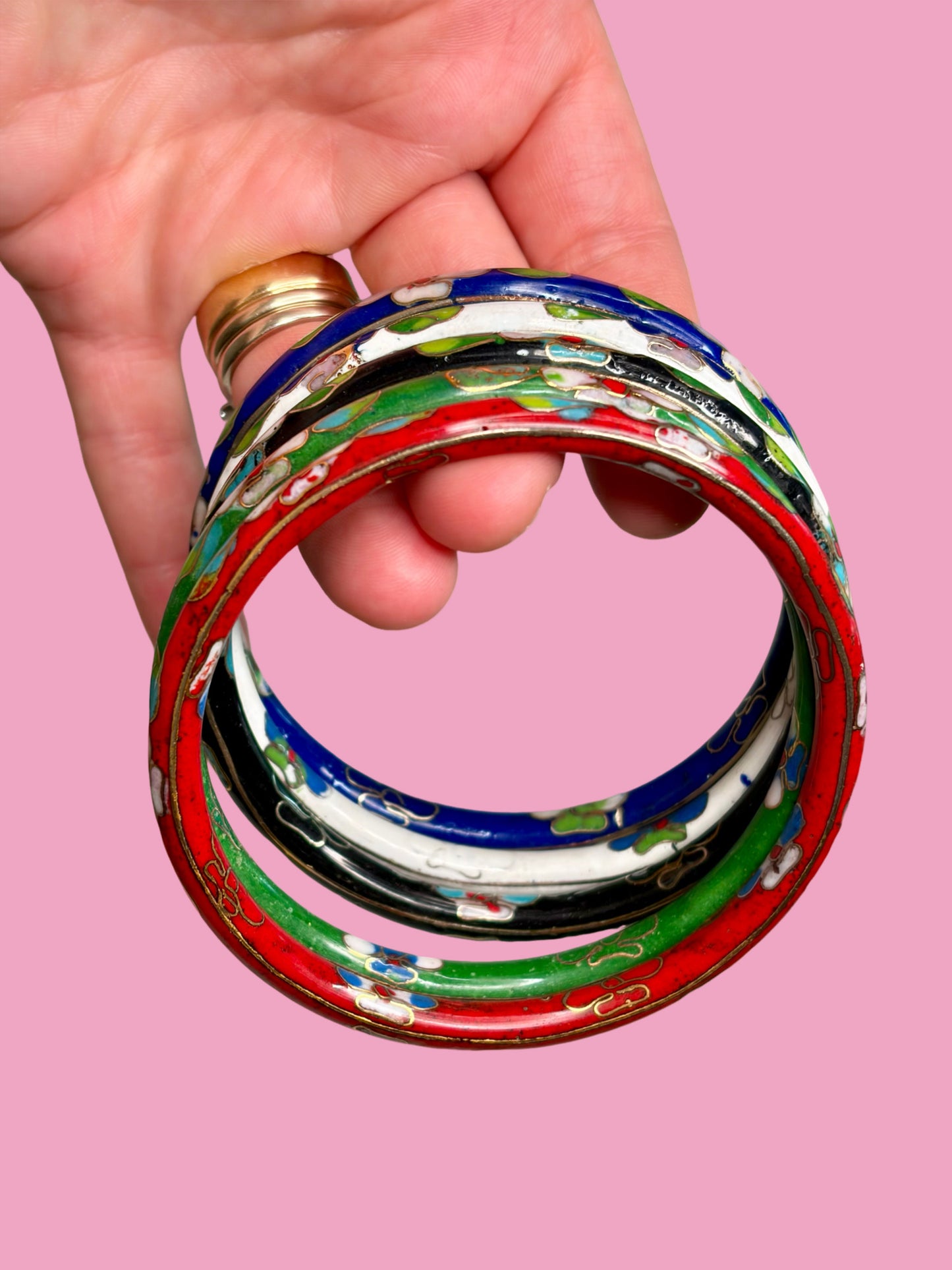 Vintage Set of Five Floral Enamel Cloisonee Bangles