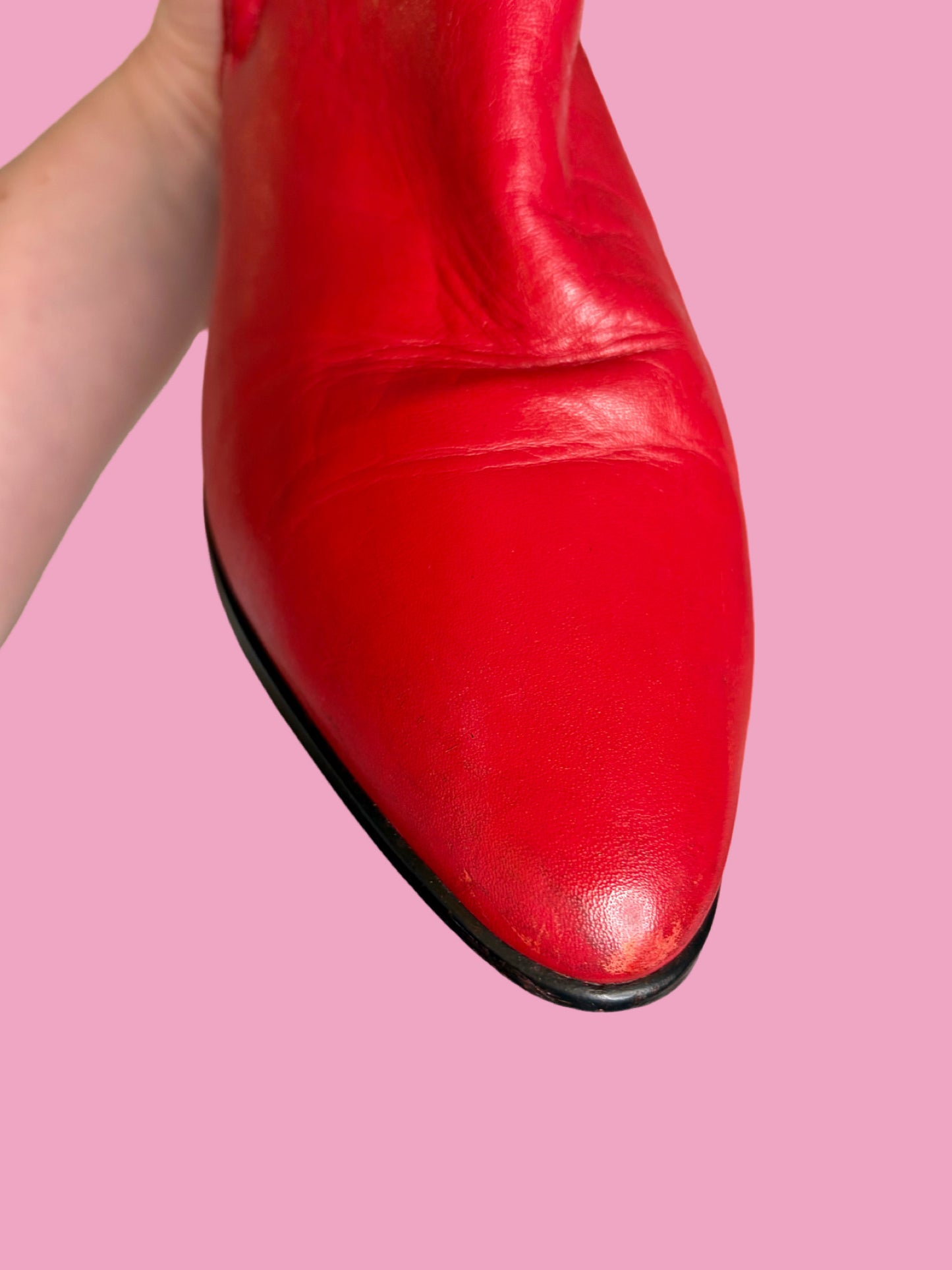 1980s Cherry Red Leather Cuffed Ankle Booties