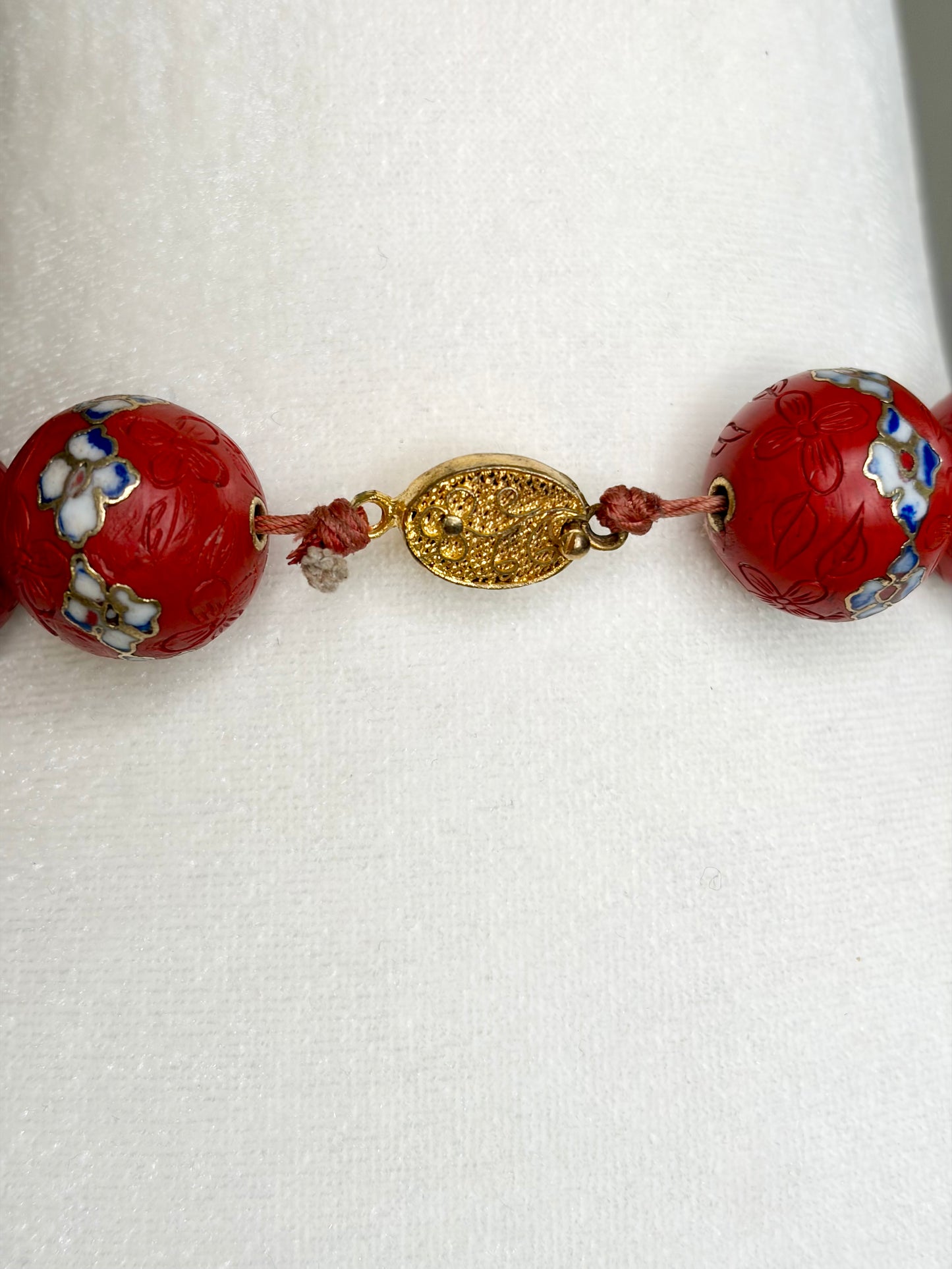 RARE 1940s Art Deco Chinese Carved Cinnabar Beaded Cloisonné Necklace w/ Hand Painted Flowers