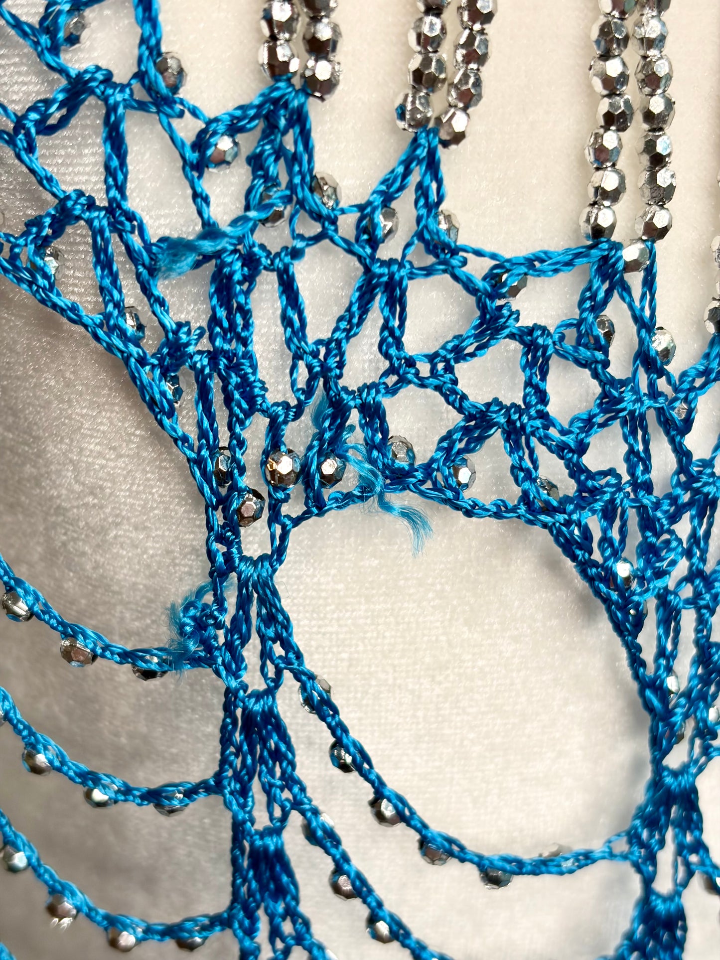 Vintage Blue Crochet Party Shawl w/ Shiny Silver Beads