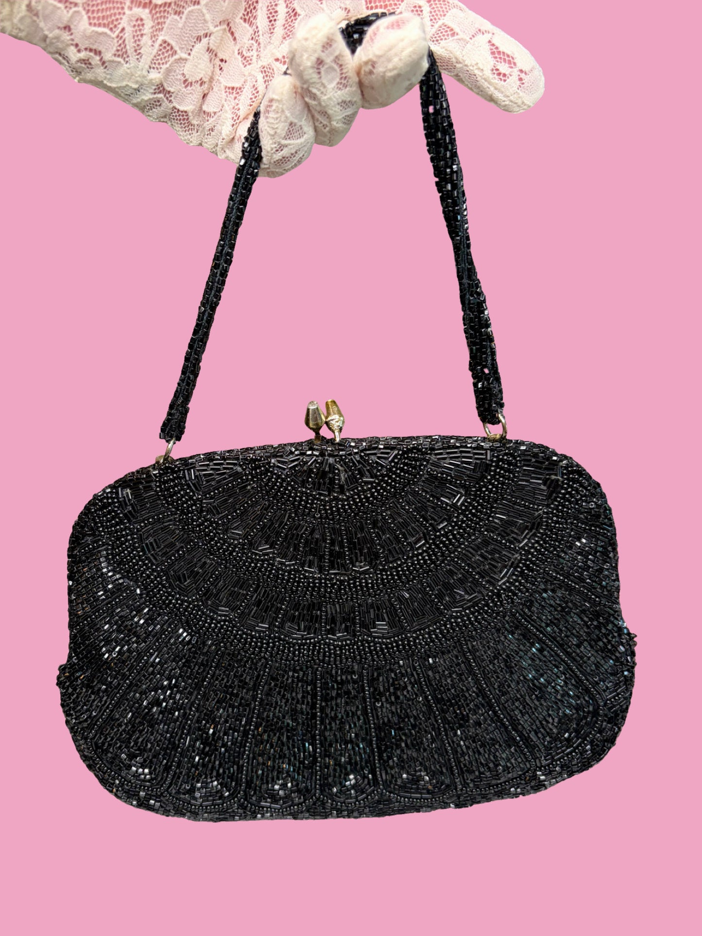 1950s Black Glass Beaded Clutch w/ Optional Strap