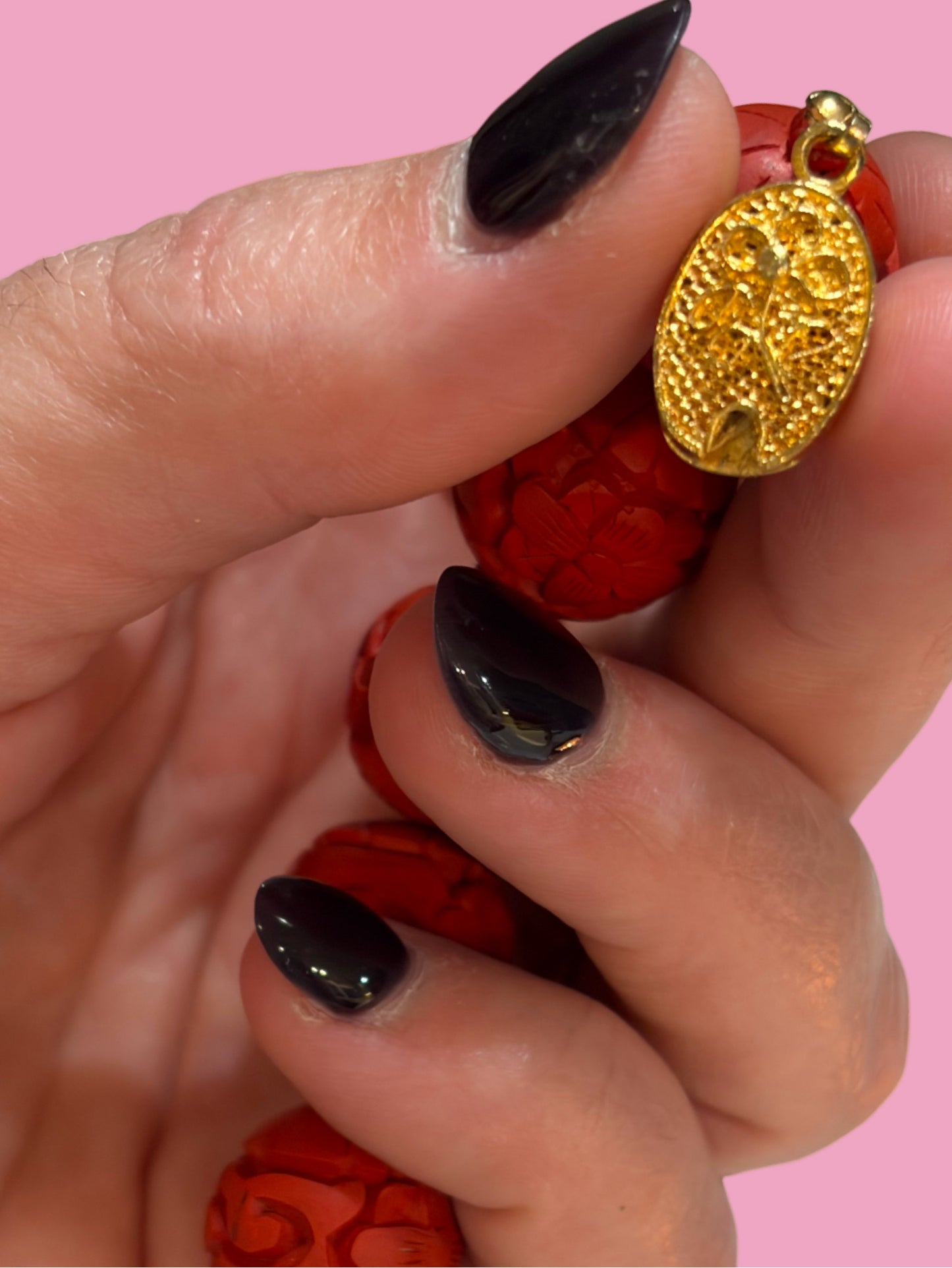 Vintage Chinese Carved Cinnabar Bead Bracelet with Gold Tone Filigree Box Clasp