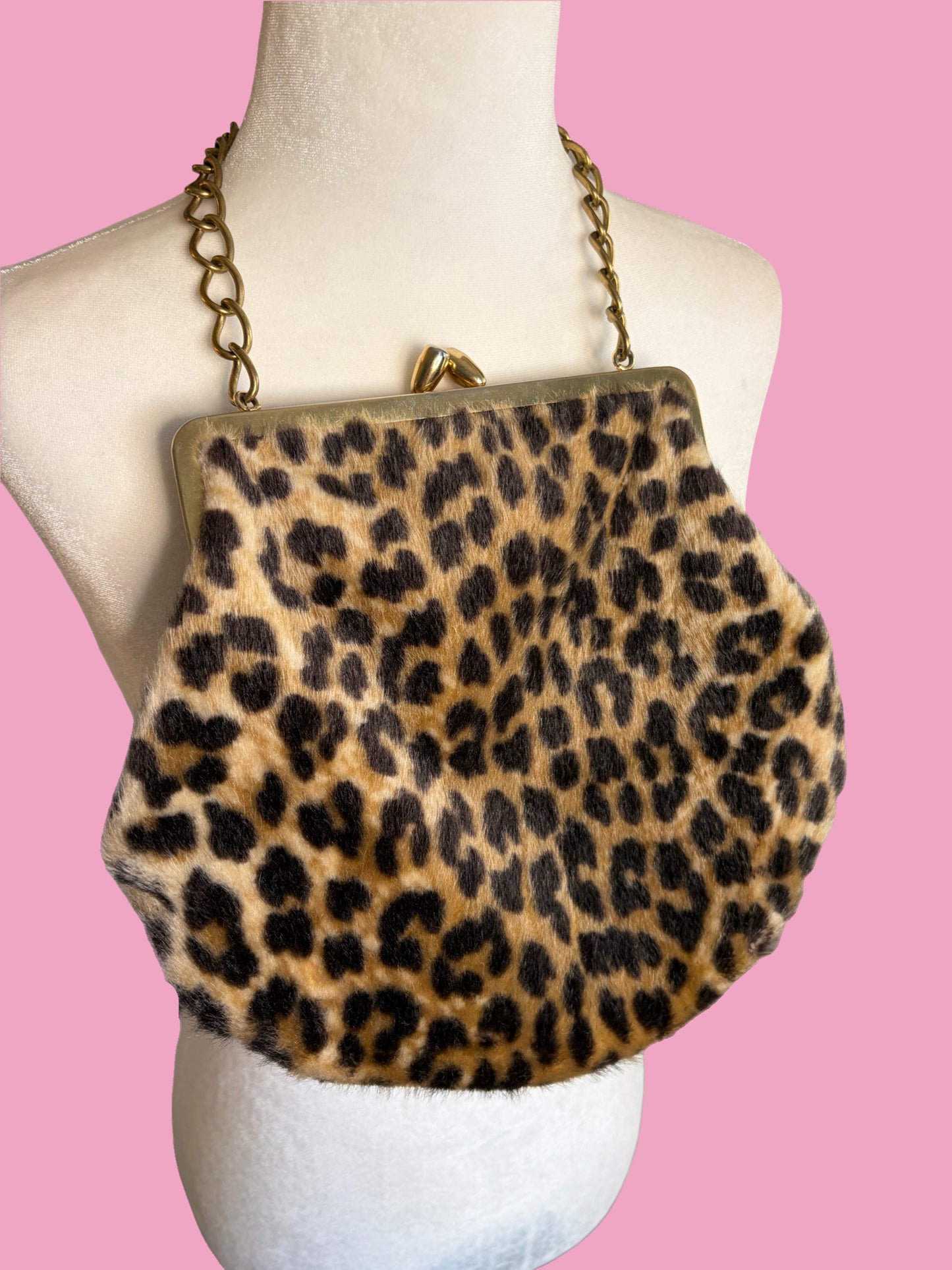 1960s Leopard Faux Fur Handbag with Gold Tone Chain