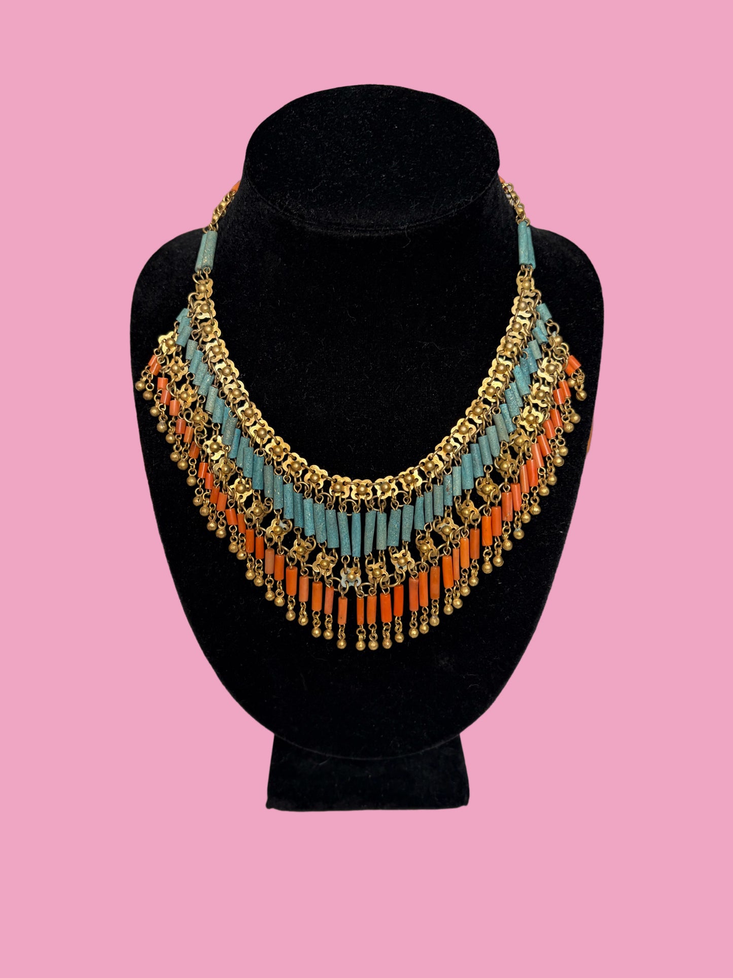 1930s Egyptian Revival Brass Coral & Faience Bead Bib Necklace