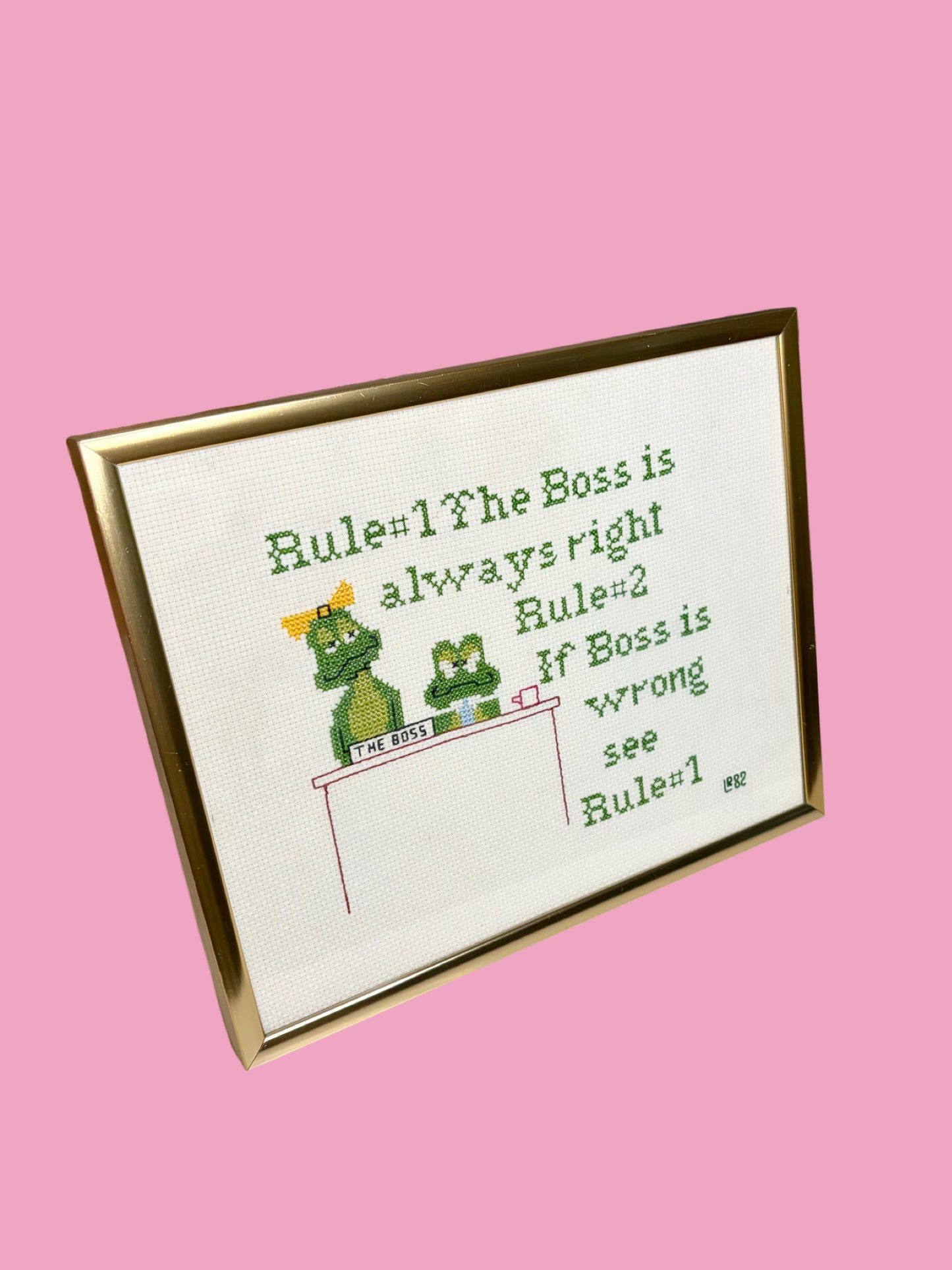Vintage 1980s Kitschy Framed “Boss” Needlepoint