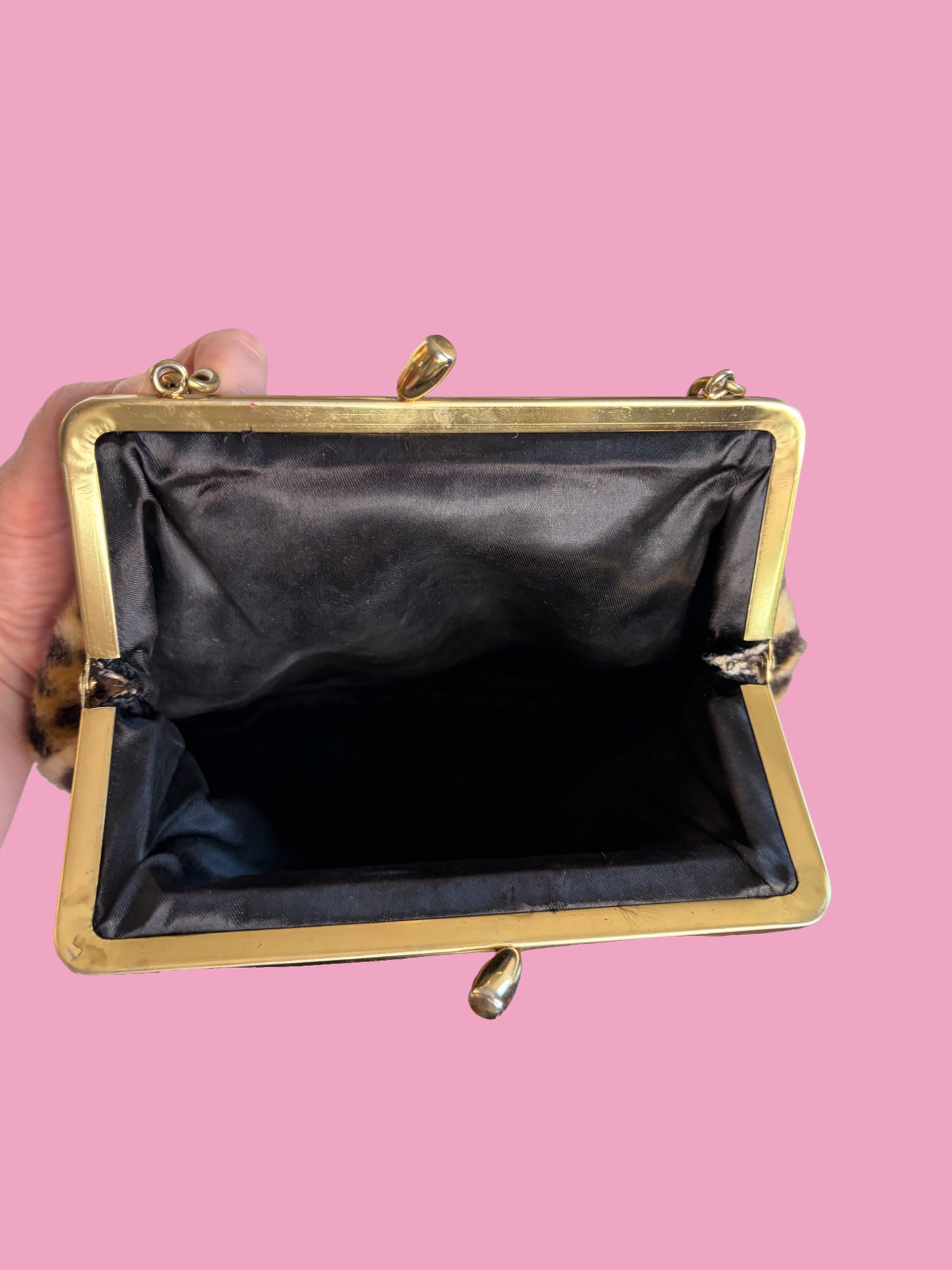 1960s Leopard Faux Fur Handbag with Gold Tone Chain