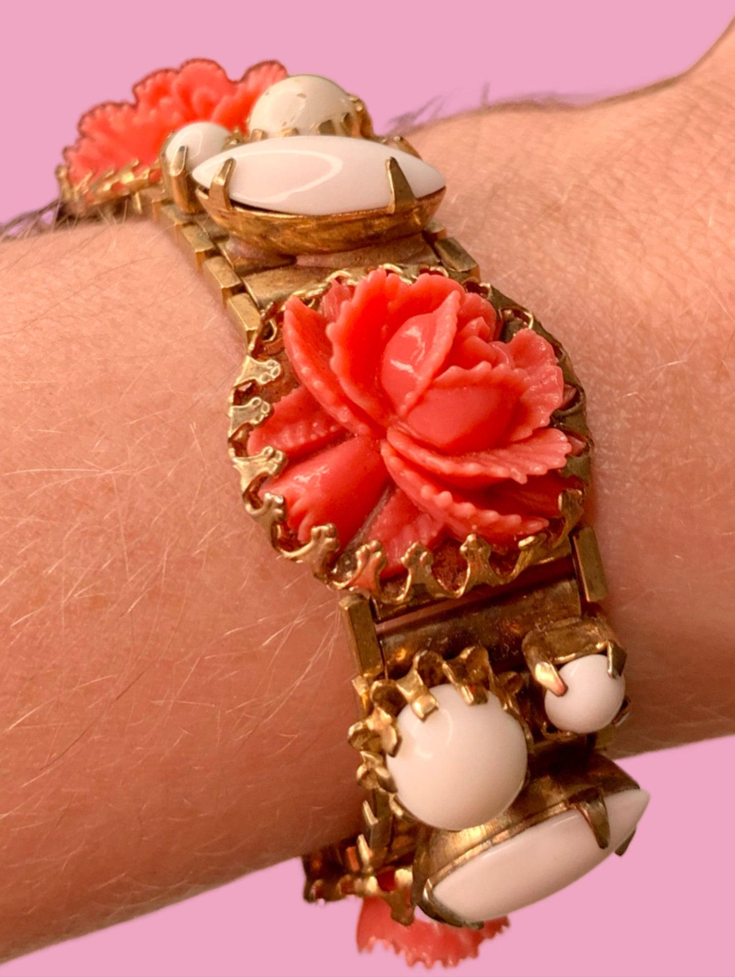 Mid Century Carved Celluloid Rose Bracelet