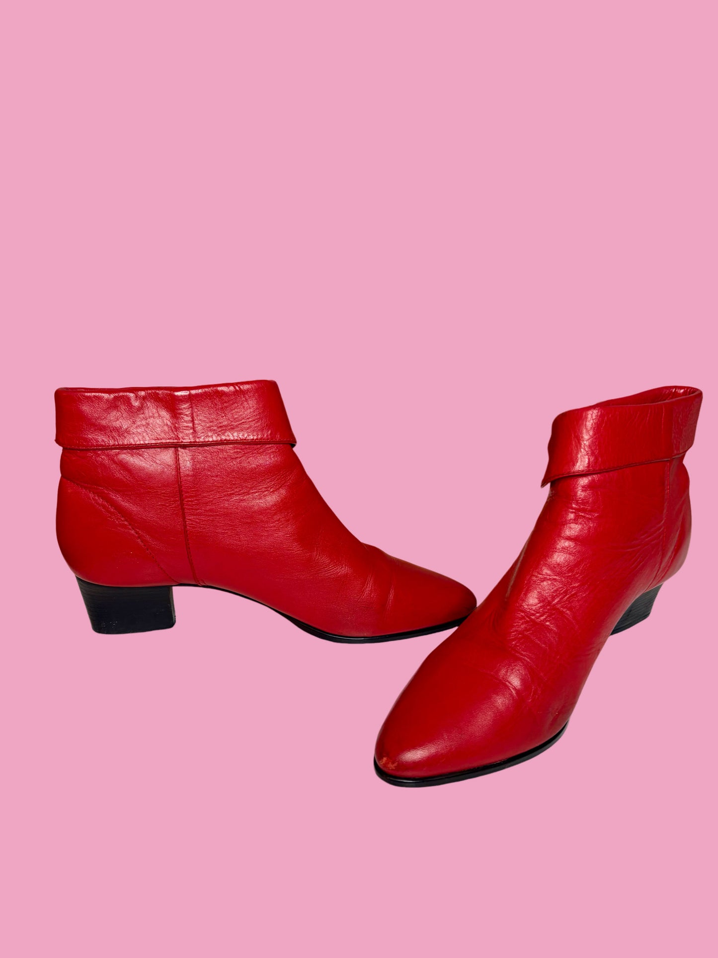 1980s Cherry Red Leather Cuffed Ankle Booties