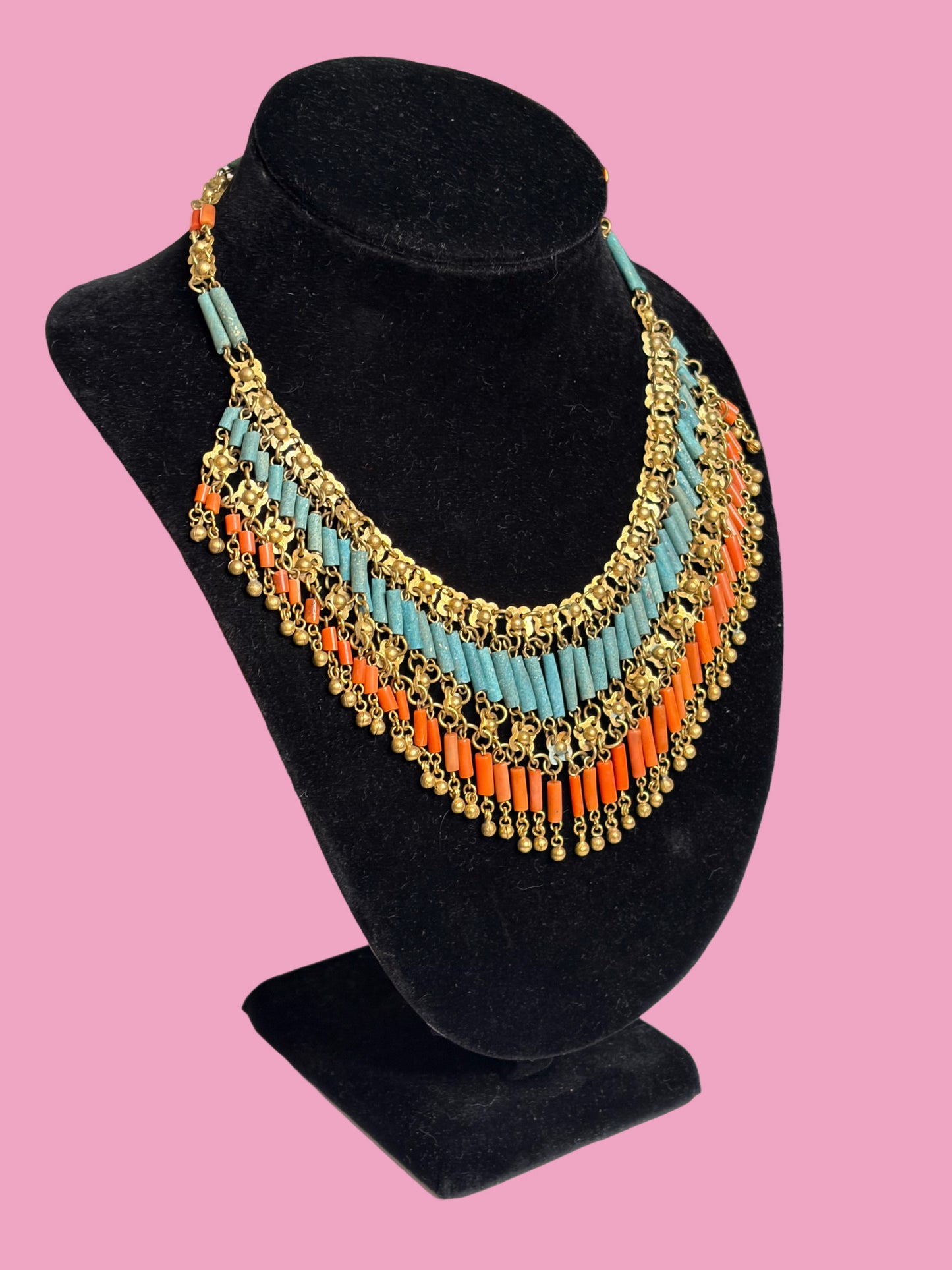 1930s Egyptian Revival Brass Coral & Faience Bead Bib Necklace
