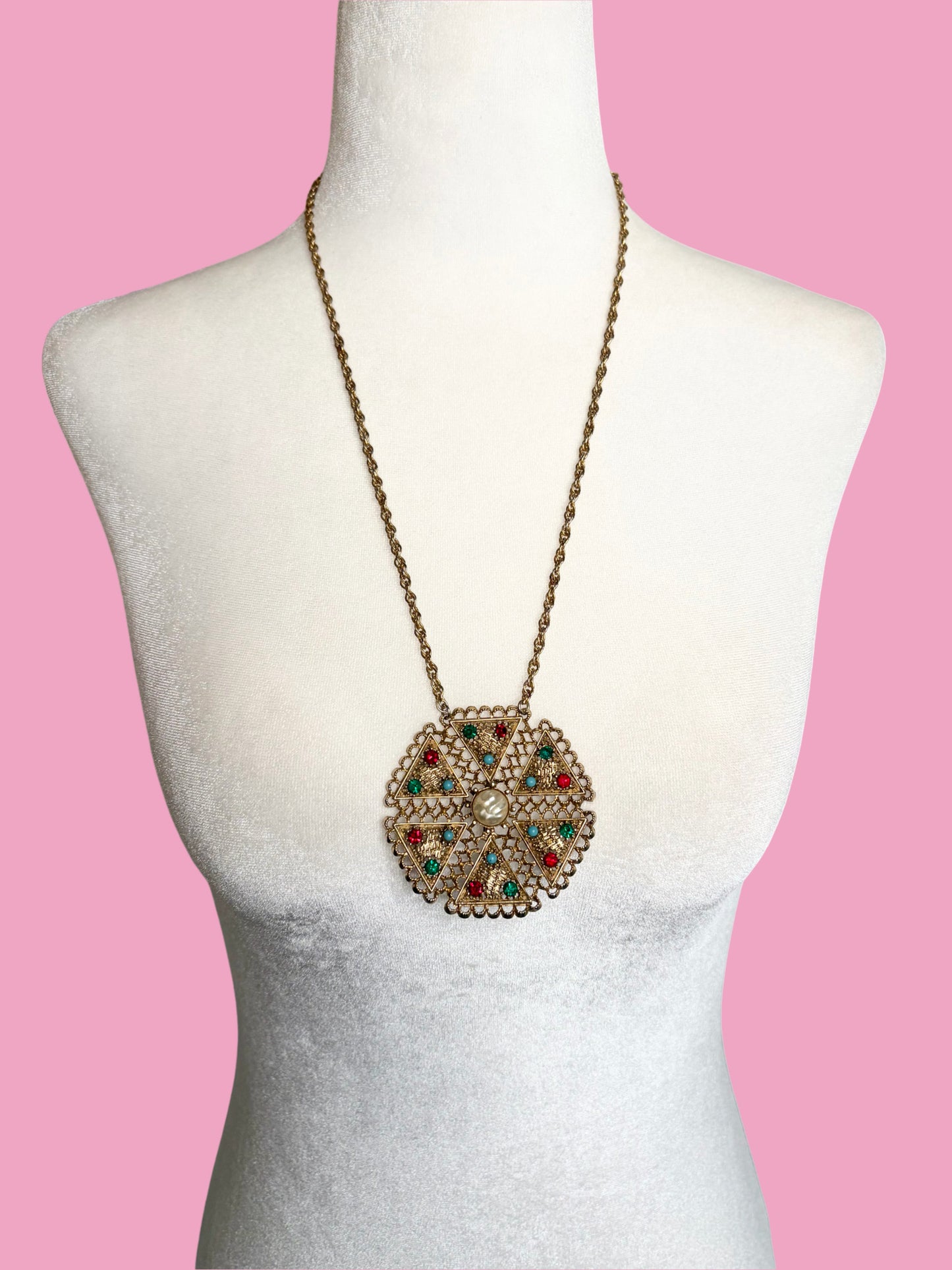 1960s Gold Tone Pendant Necklace w/ Colored Rhinestones, Blue Beads, & Faux Center Pearl