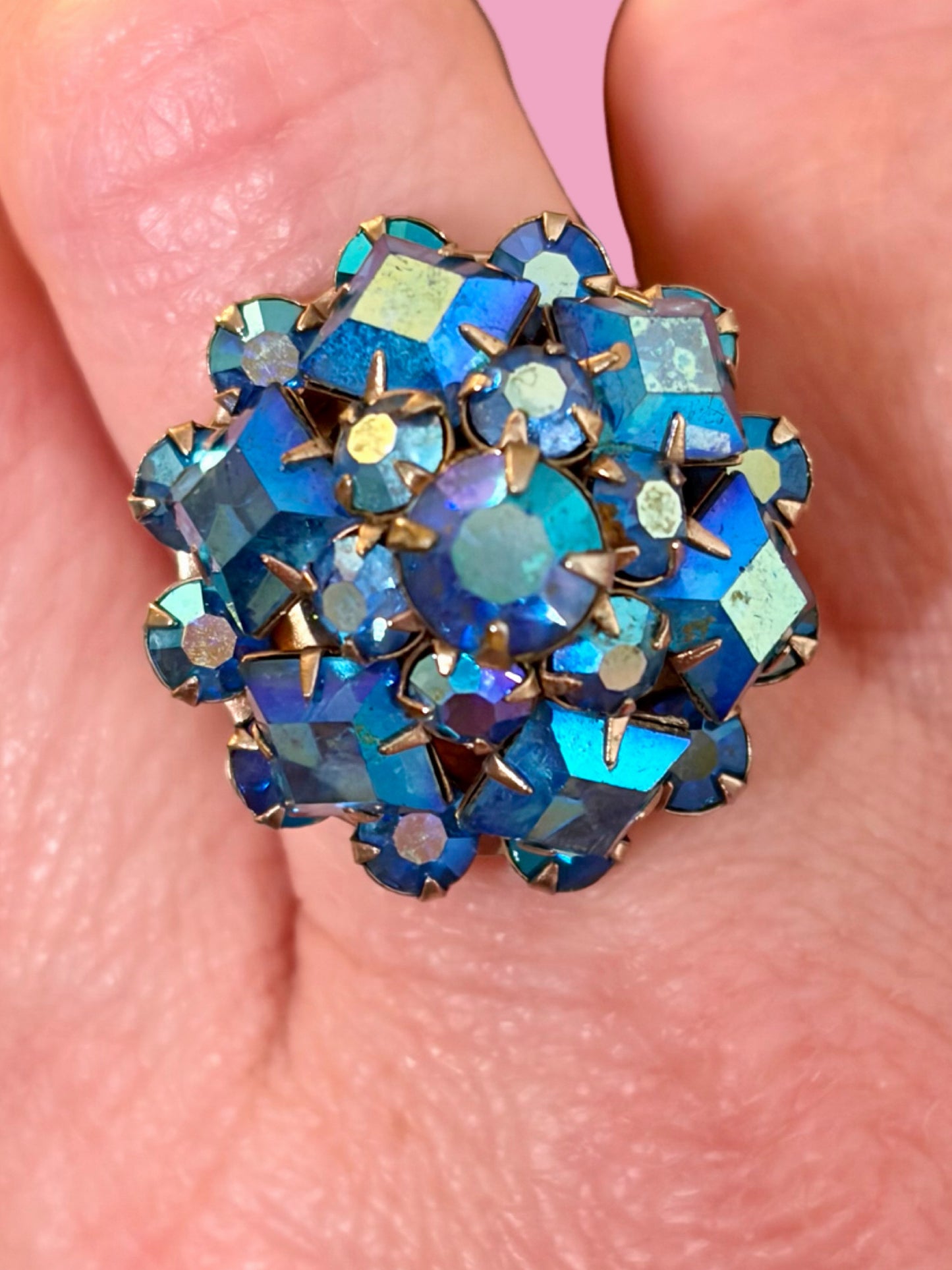 1960s Cluster Blue Rhinestone Cocktail Ring