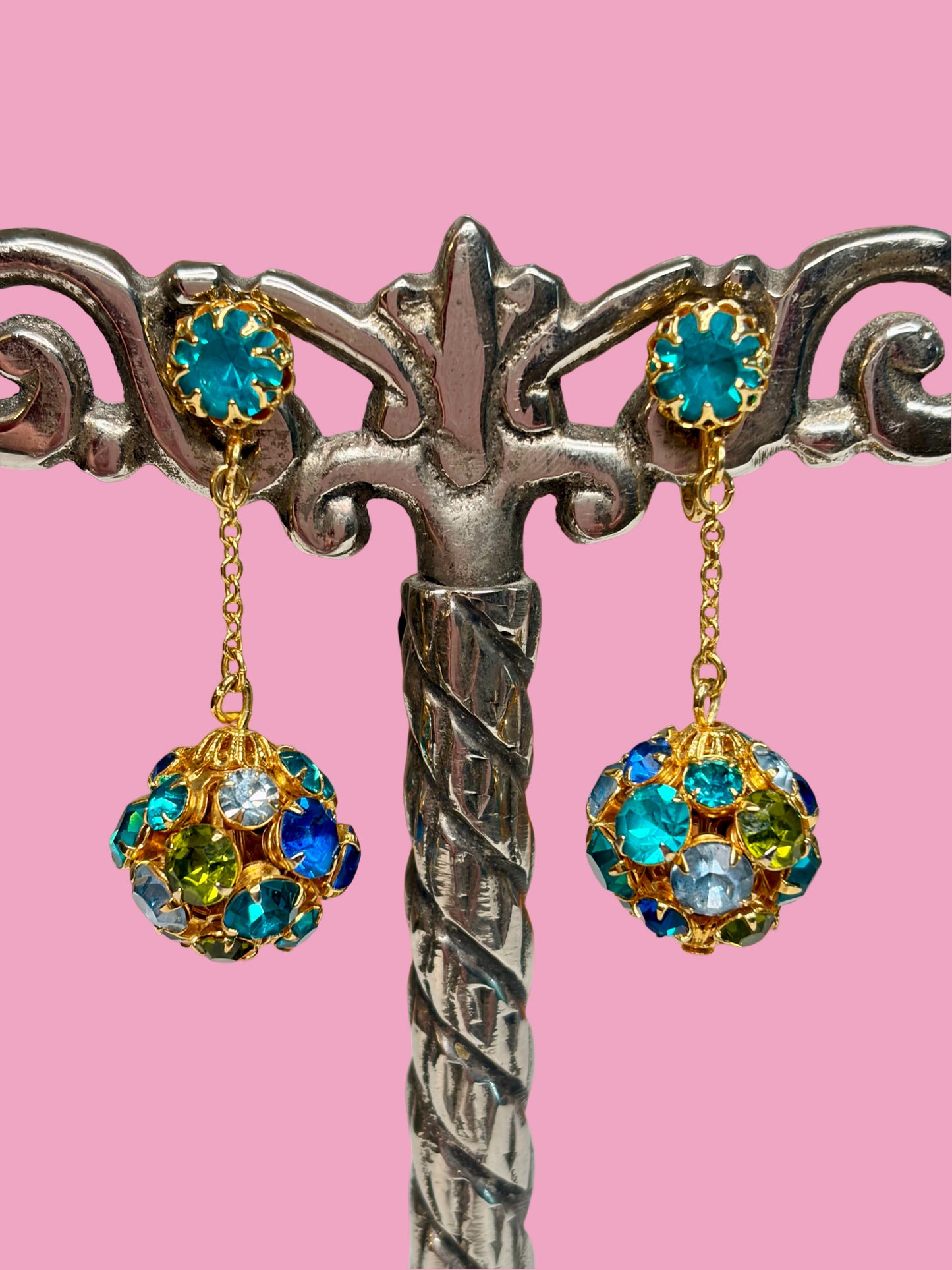 1960s Dazzling Blue/Green Rhinestone Dangle Gold Tone Clip Earrings