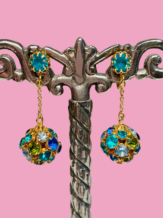 1960s Dazzling Blue/Green Rhinestone Dangle Gold Tone Clip Earrings