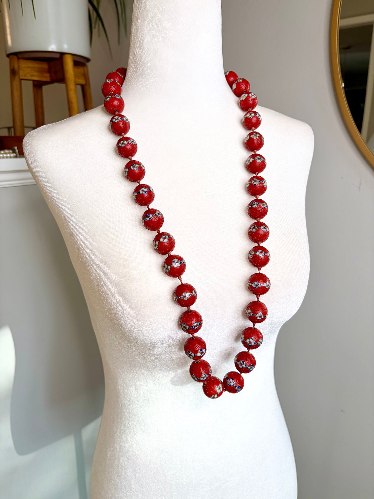 RARE 1940s Art Deco Chinese Carved Cinnabar Beaded Cloisonné Necklace w/ Hand Painted Flowers