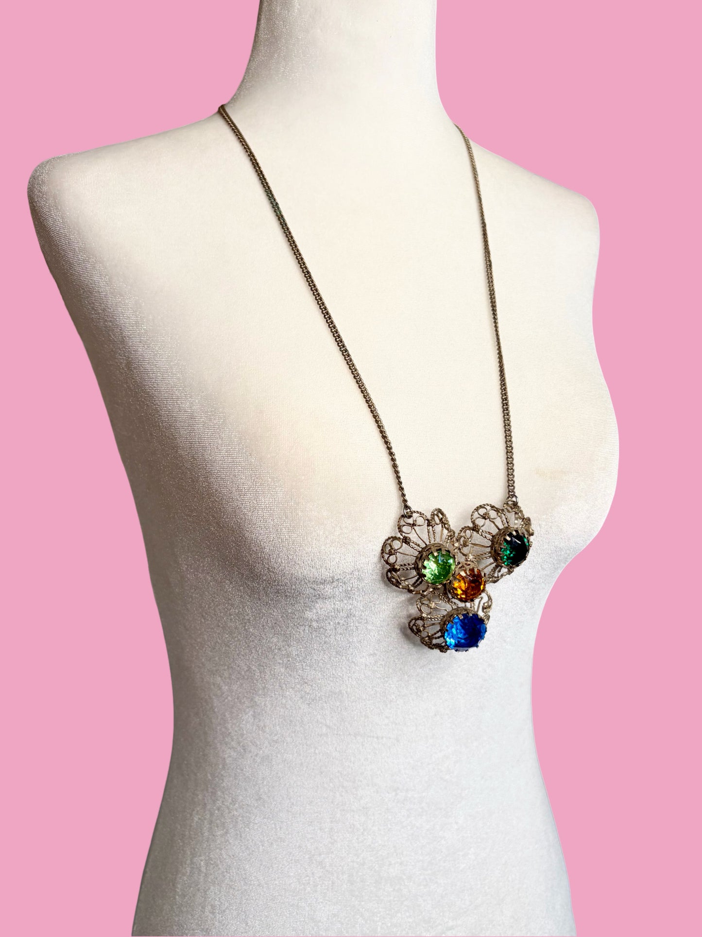 1960s Mid Century Silver Toned Filigree Pendant Necklace w/ Four Vibrant Colored Glass Stones