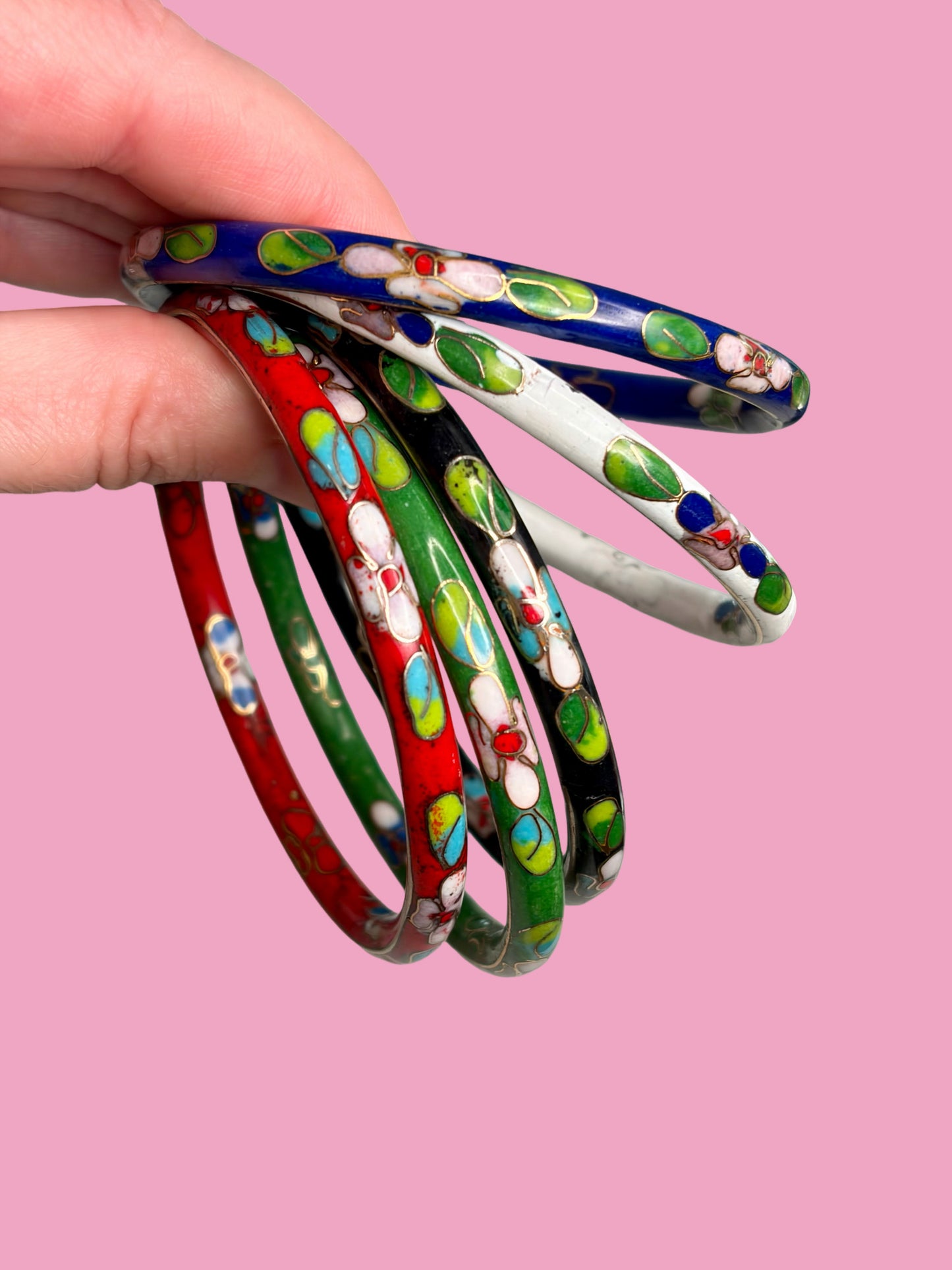 Vintage Set of Five Floral Enamel Cloisonee Bangles