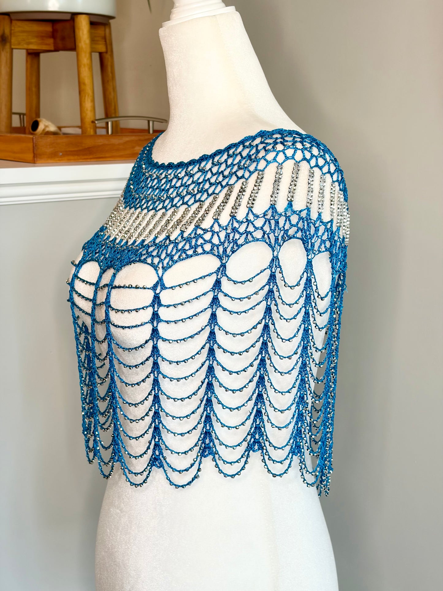 Vintage Blue Crochet Party Shawl w/ Shiny Silver Beads