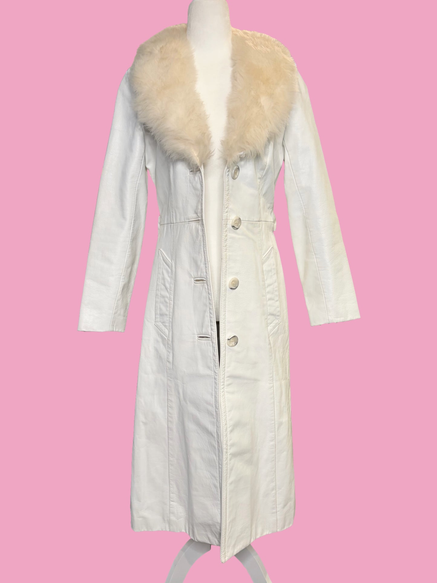 1970s White Leather Trench w/ Faux Fur Collar