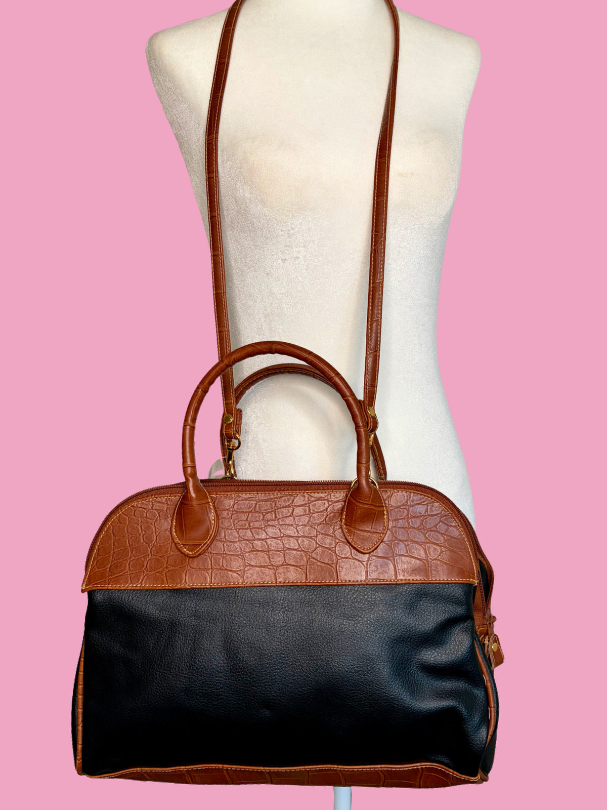 1980s Deadstock NWT Two Toned Crocodile Embossed Faux Leather Handbag by Capezio