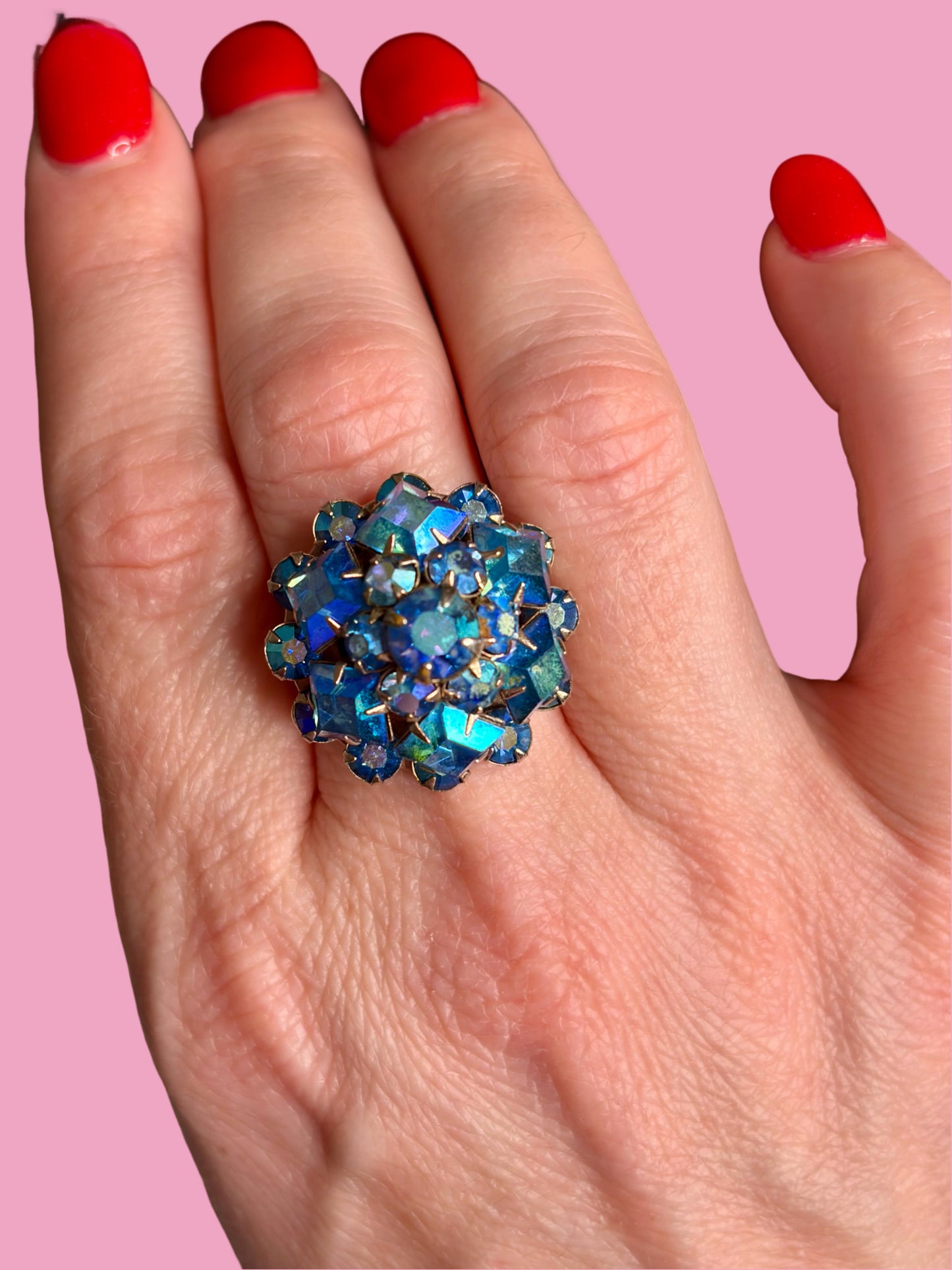 1960s Cluster Blue Rhinestone Cocktail Ring