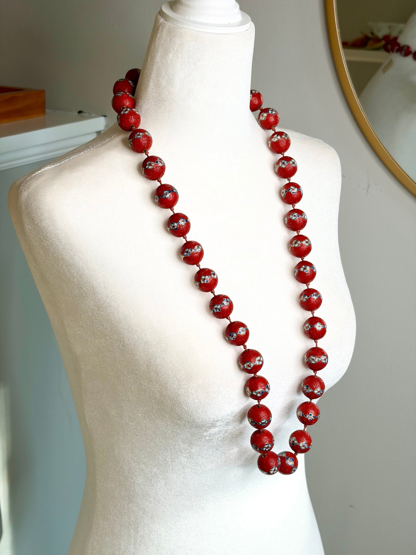 RARE 1940s Art Deco Chinese Carved Cinnabar Beaded Cloisonné Necklace w/ Hand Painted Flowers