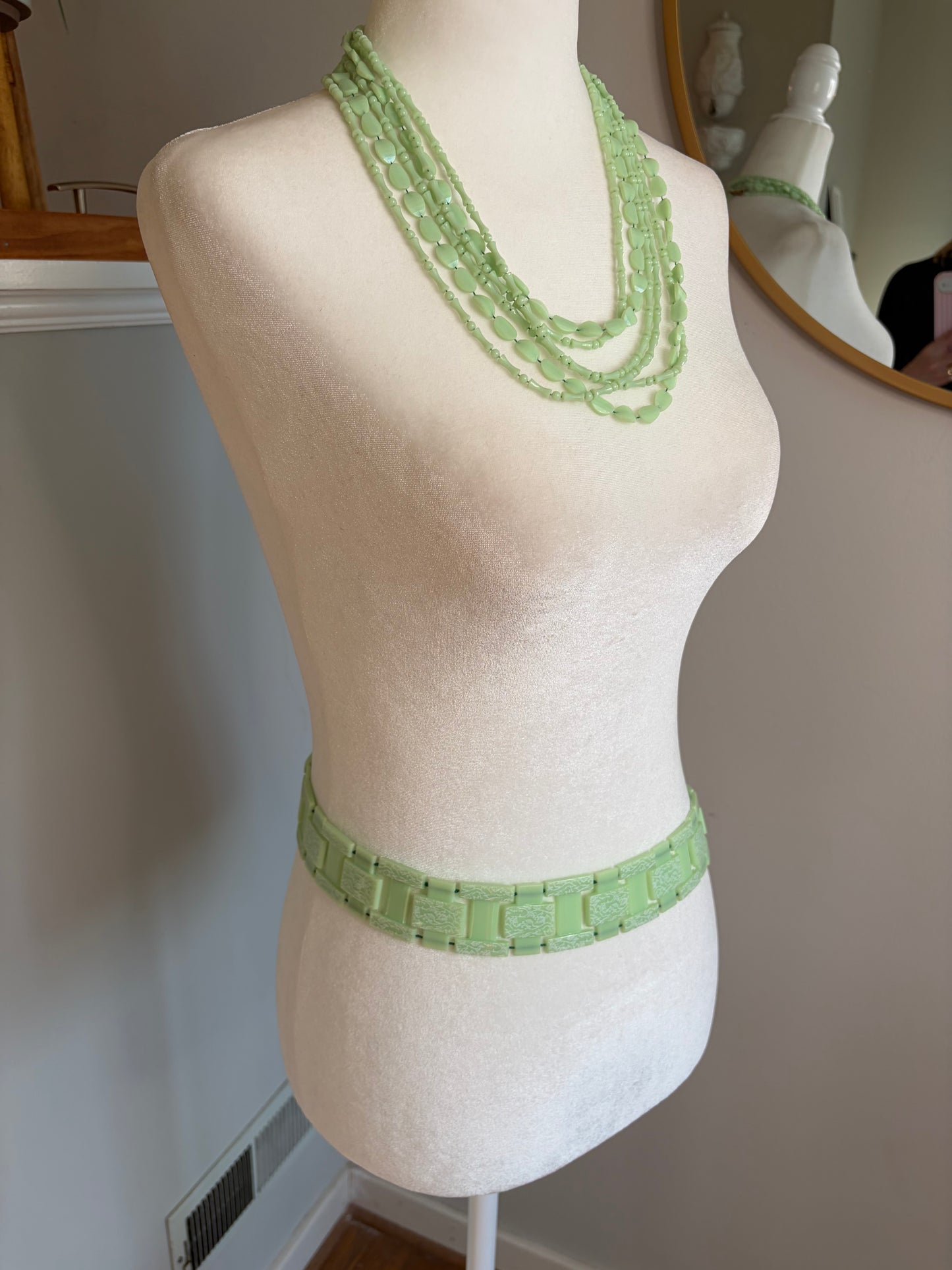 1960s MOD Matching Light Green Acrylic Necklace & Link/Chain Belt Set
