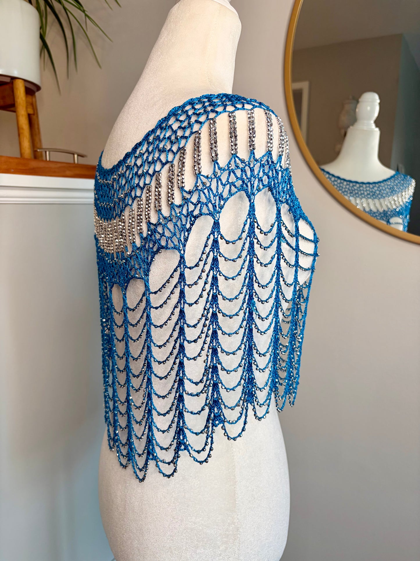 Vintage Blue Crochet Party Shawl w/ Shiny Silver Beads