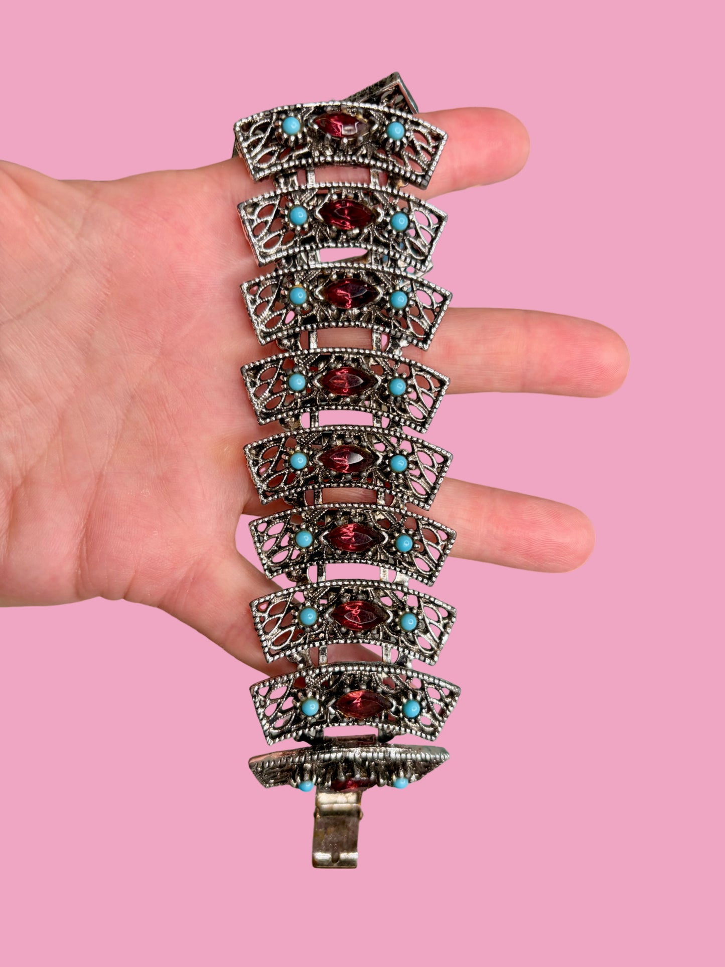 Dazzling 1960s Mid Century Chunky Silver Tone Panel Bracelet w/ Purple Rhinestones & Faux Turquoise