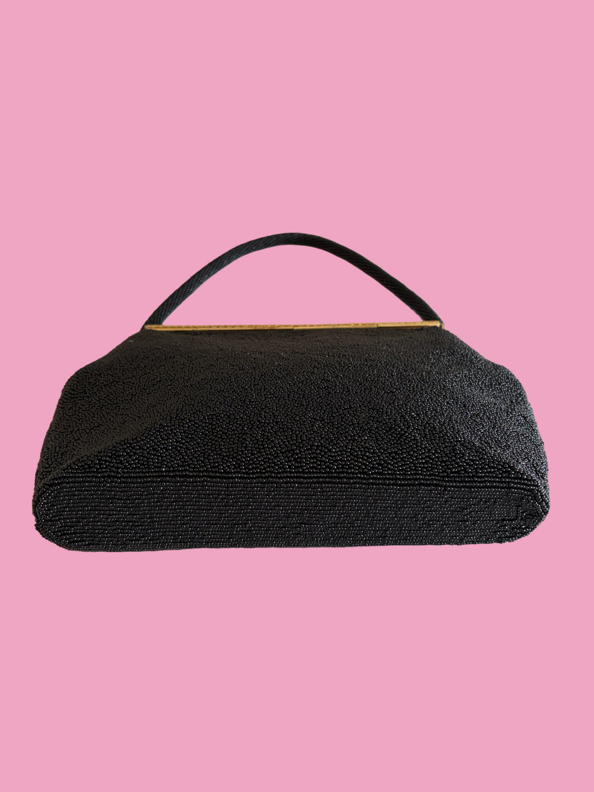 1950s Vintage Mid Century Black Seed Bead Rose Needlepoint Handbag