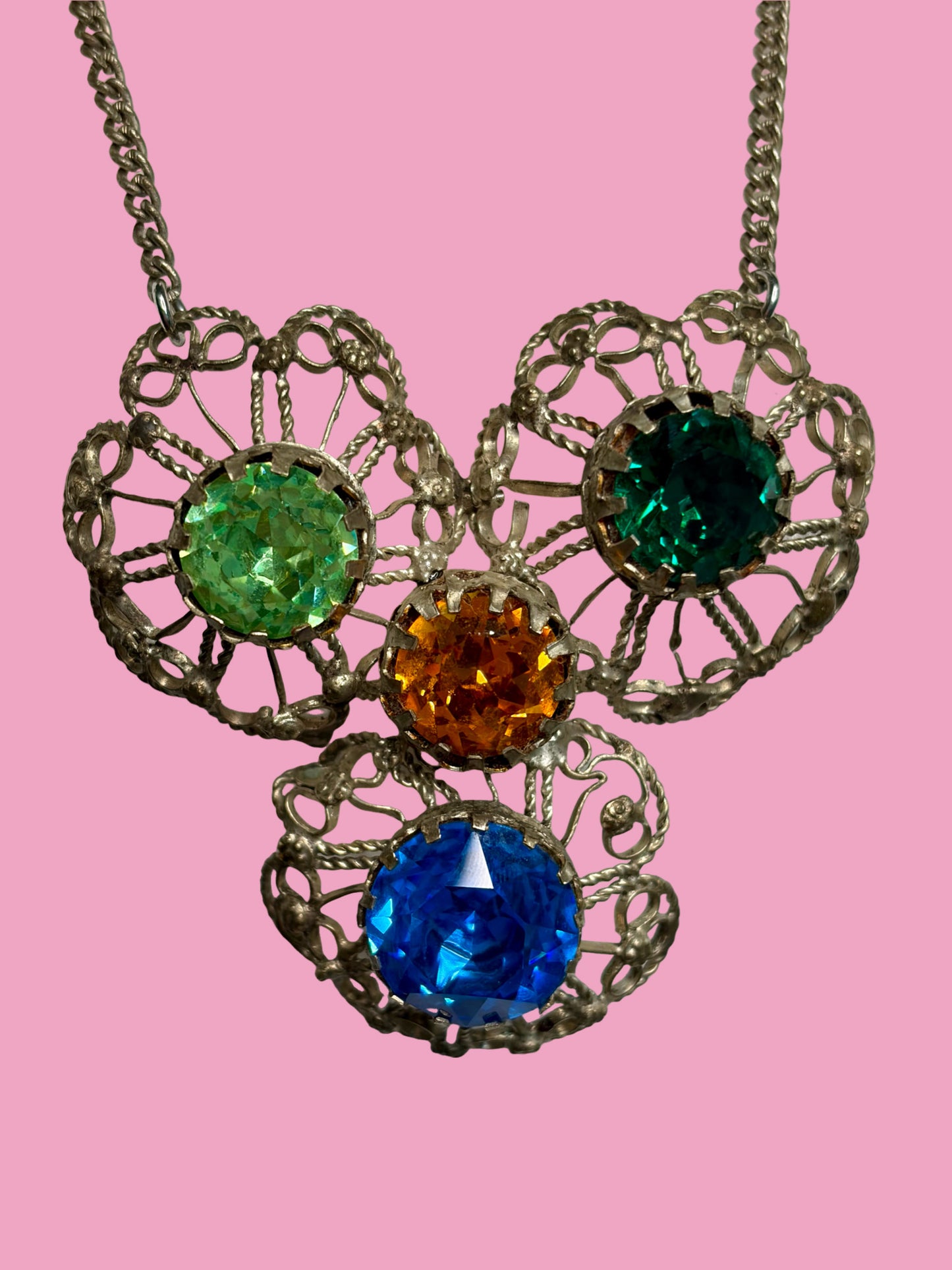 1960s Mid Century Silver Toned Filigree Pendant Necklace w/ Four Vibrant Colored Glass Stones