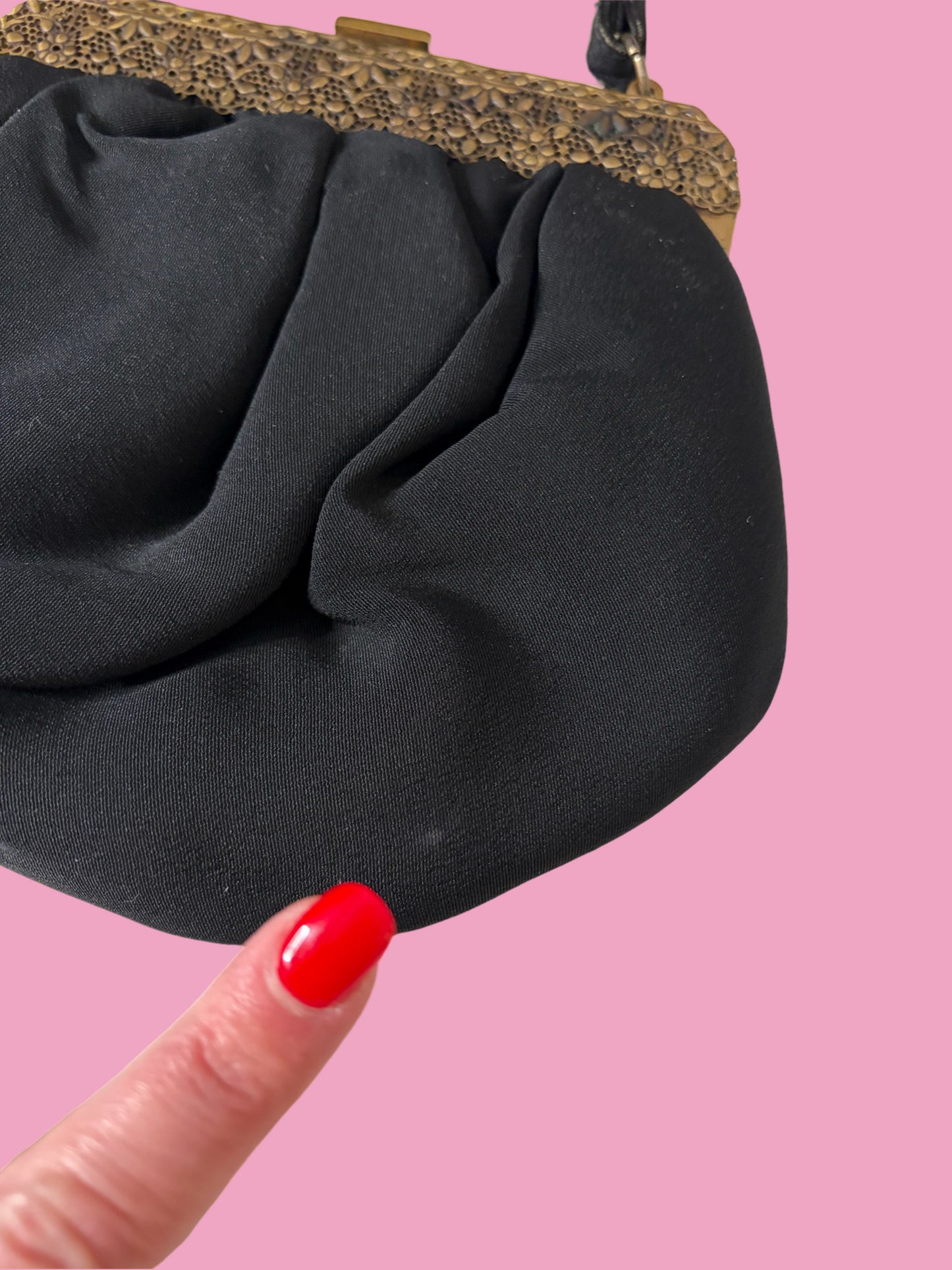 1940s Black Bag with Brass Filigree Frame