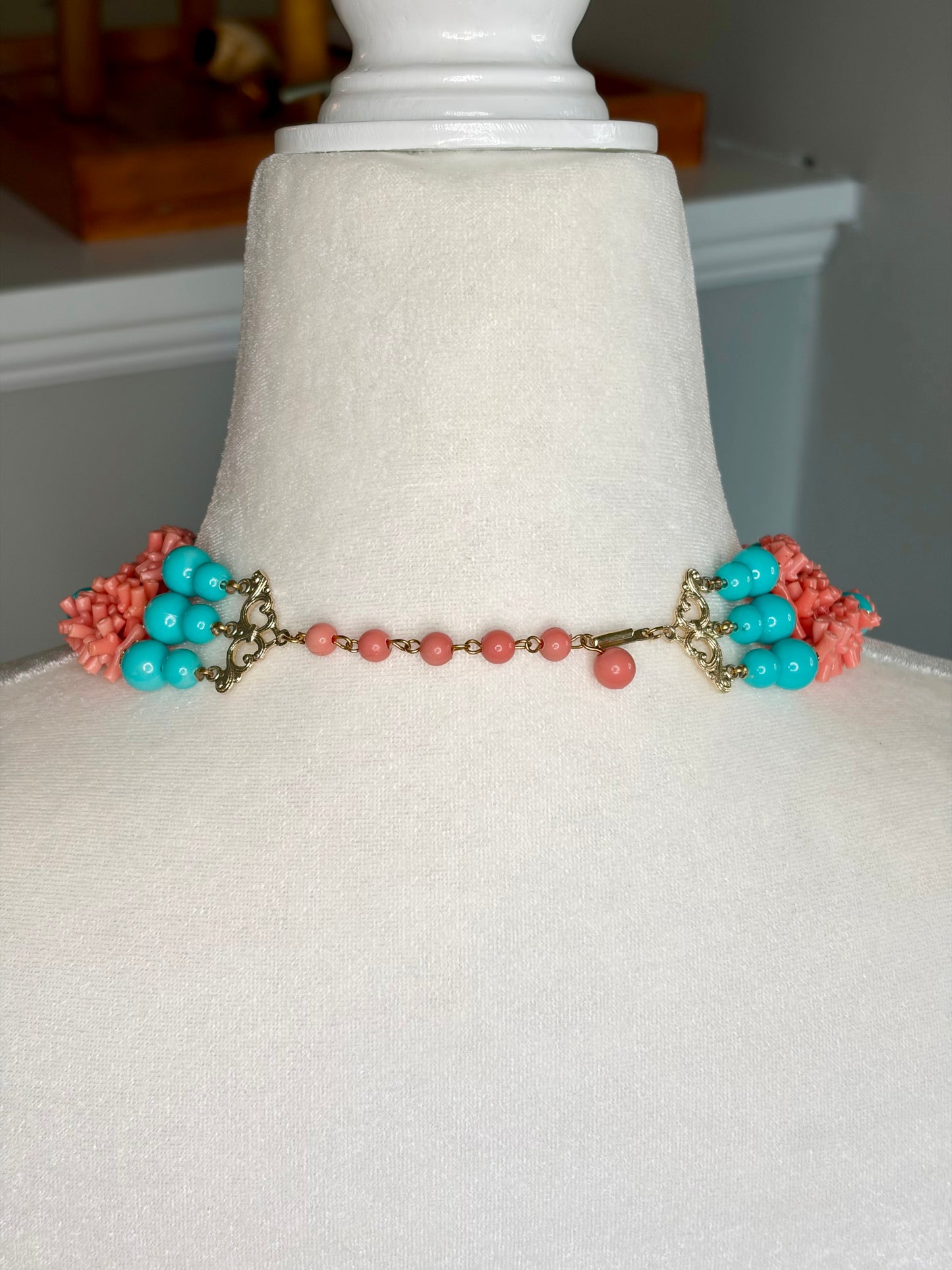 1950s Faux Coral/Turquoise Bead Three Strand Necklace