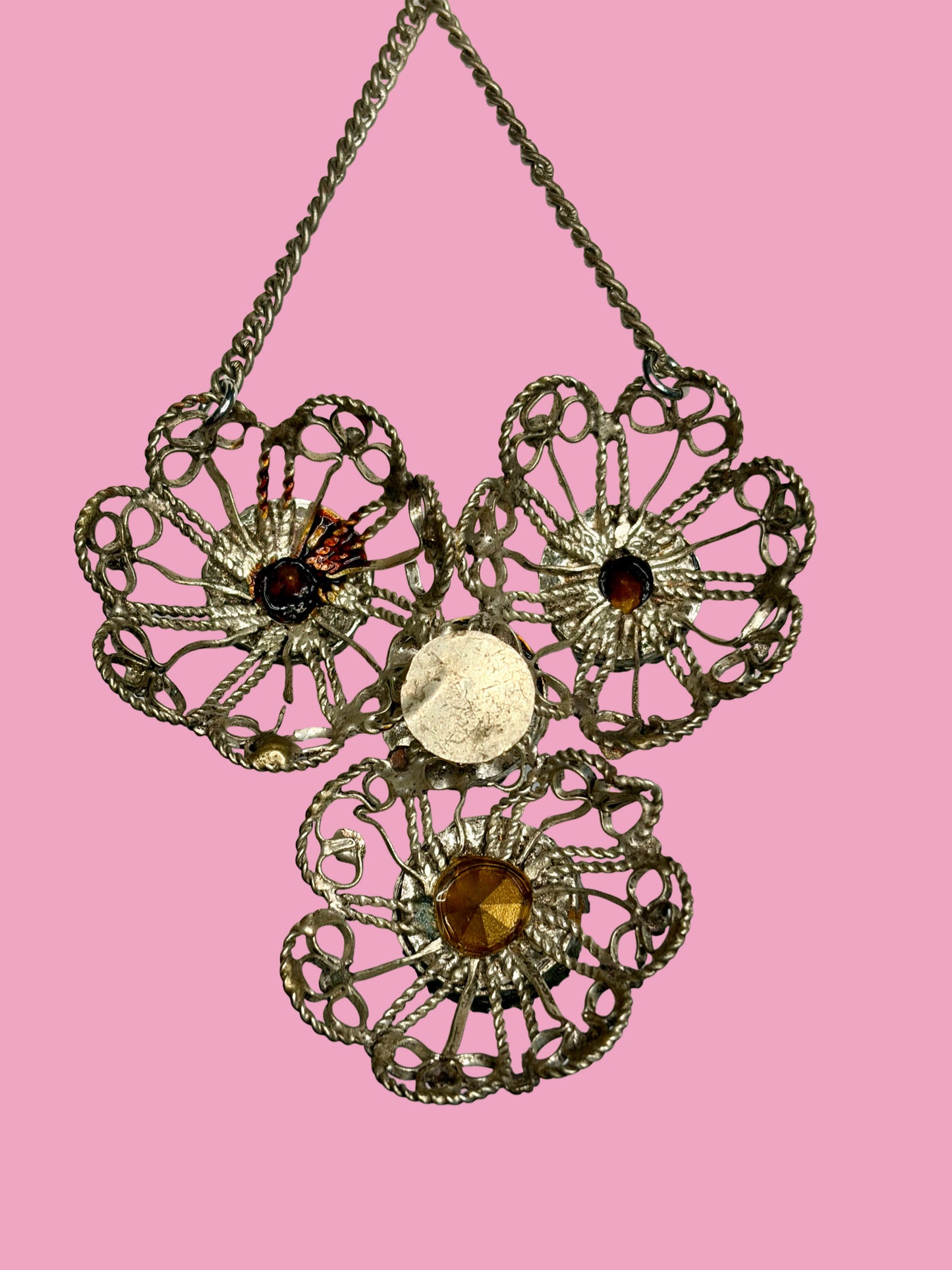 1960s Mid Century Silver Toned Filigree Pendant Necklace w/ Four Vibrant Colored Glass Stones