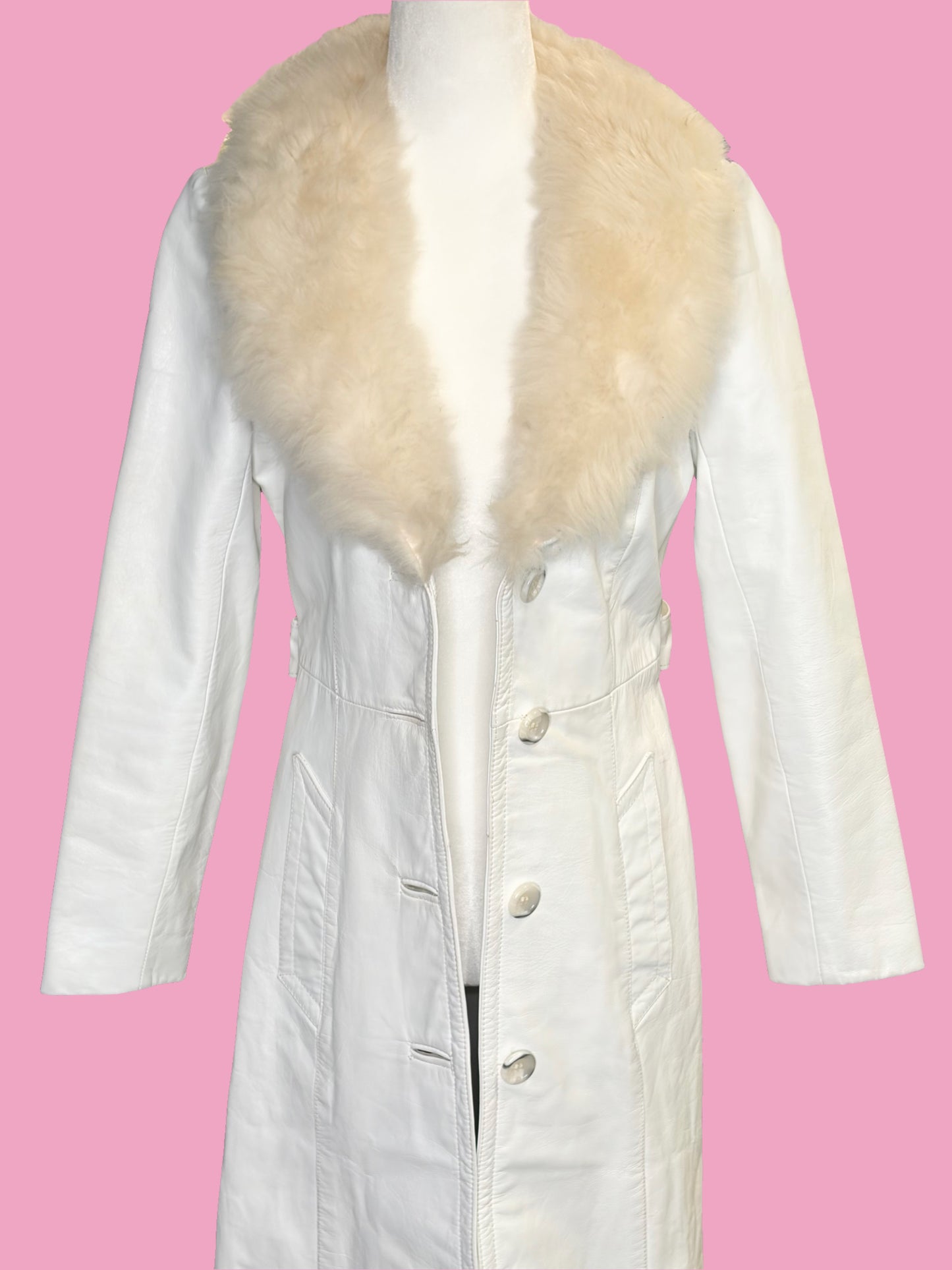 1970s White Leather Trench w/ Faux Fur Collar
