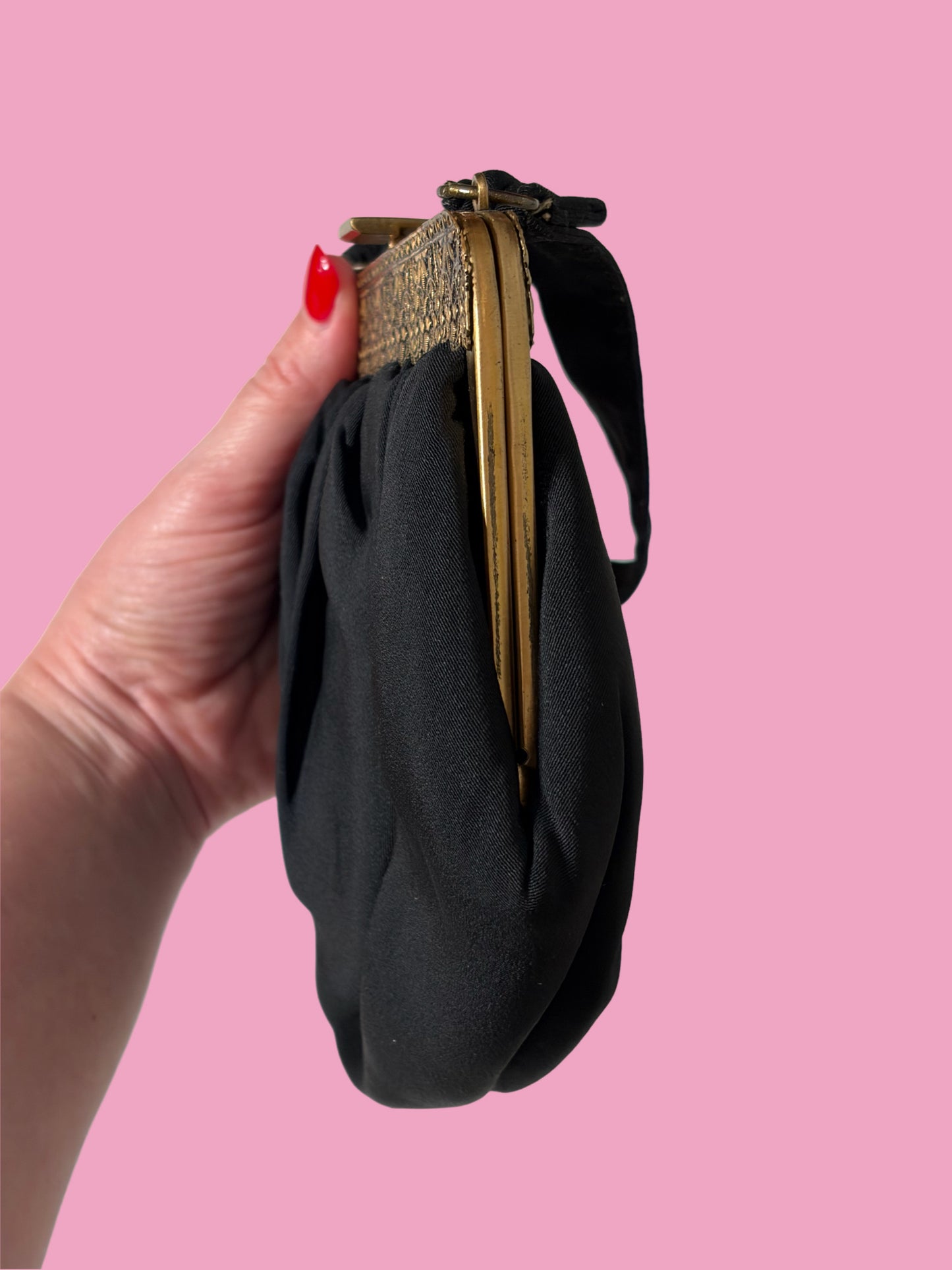 1940s Black Bag with Brass Filigree Frame