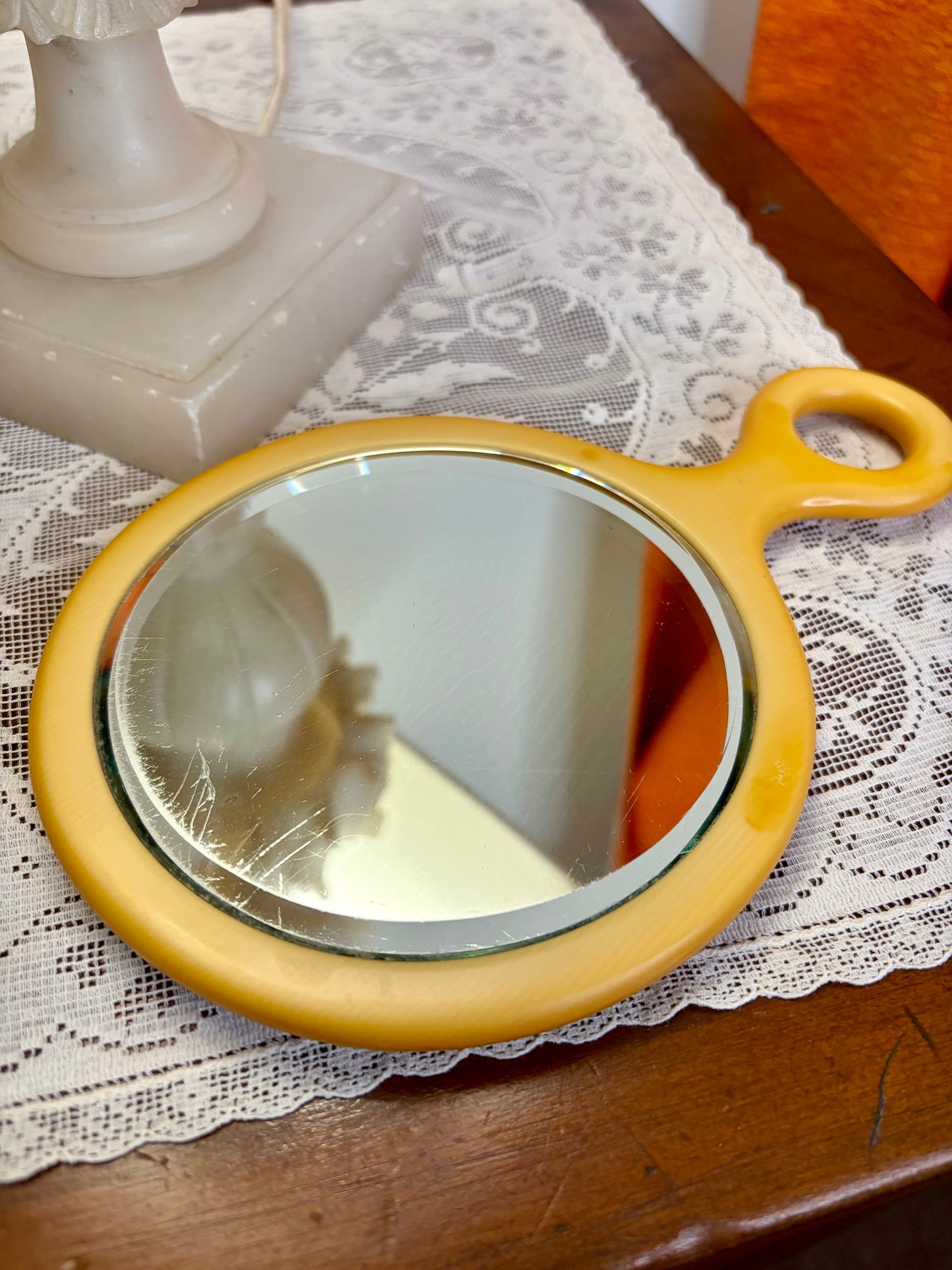 Antique Art Deco Butterscotch Bakelite/Celluloid Handheld Vanity Mirror