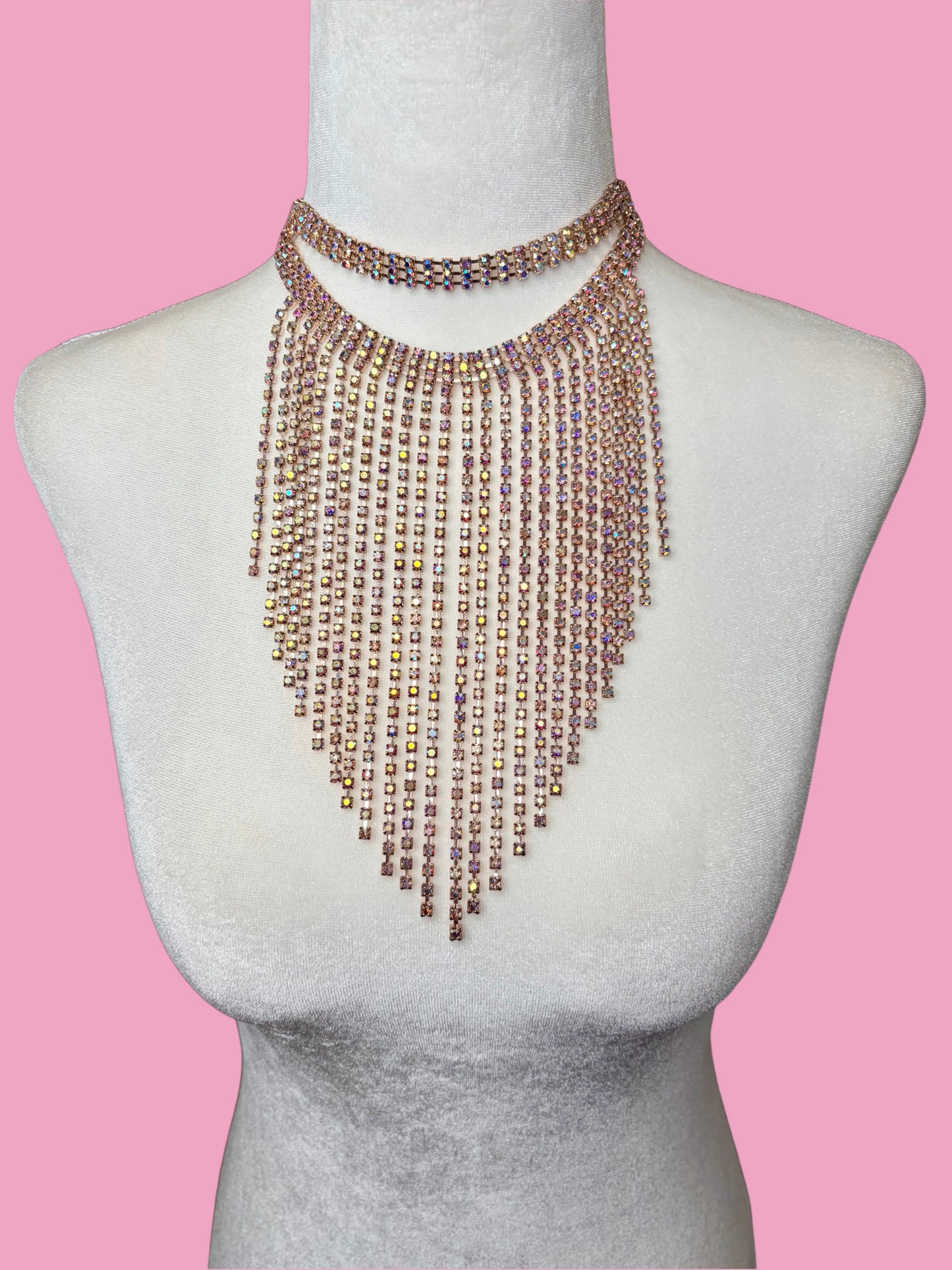 Vintage Rhinestone Fringe Choker Bib Necklace