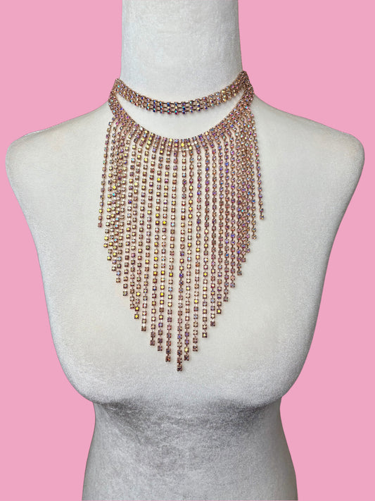 Vintage Rhinestone Fringe Choker Bib Necklace