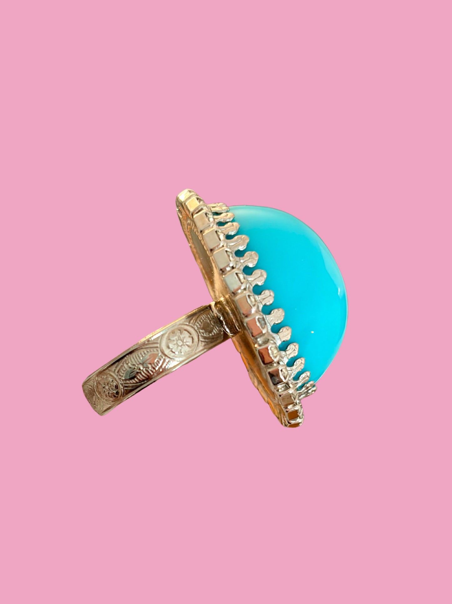 1960s Silver Tone Turquoise Plastic Oval Cabachon w/ Rhinestones Ring