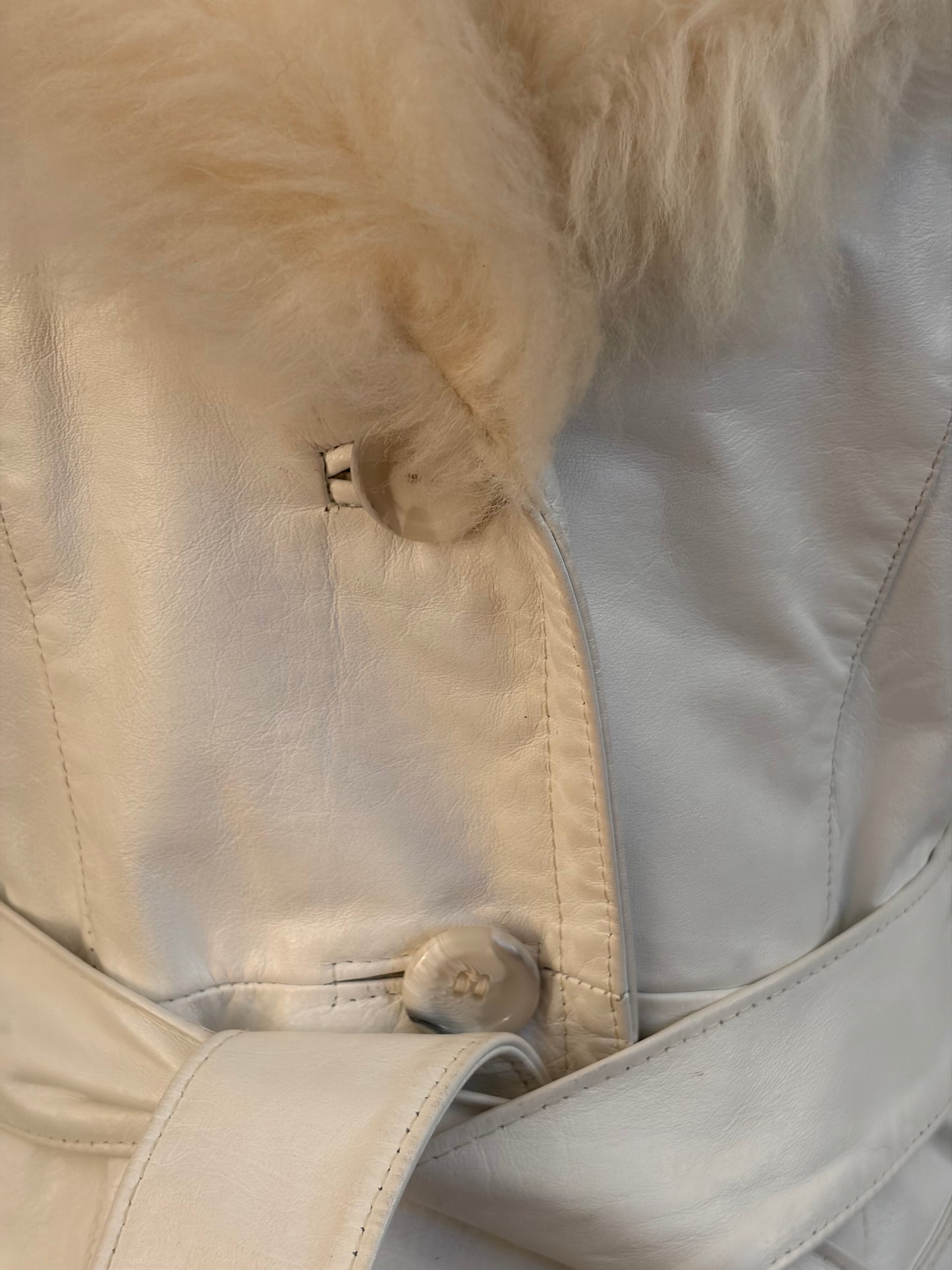 1970s White Leather Trench w/ Faux Fur Collar