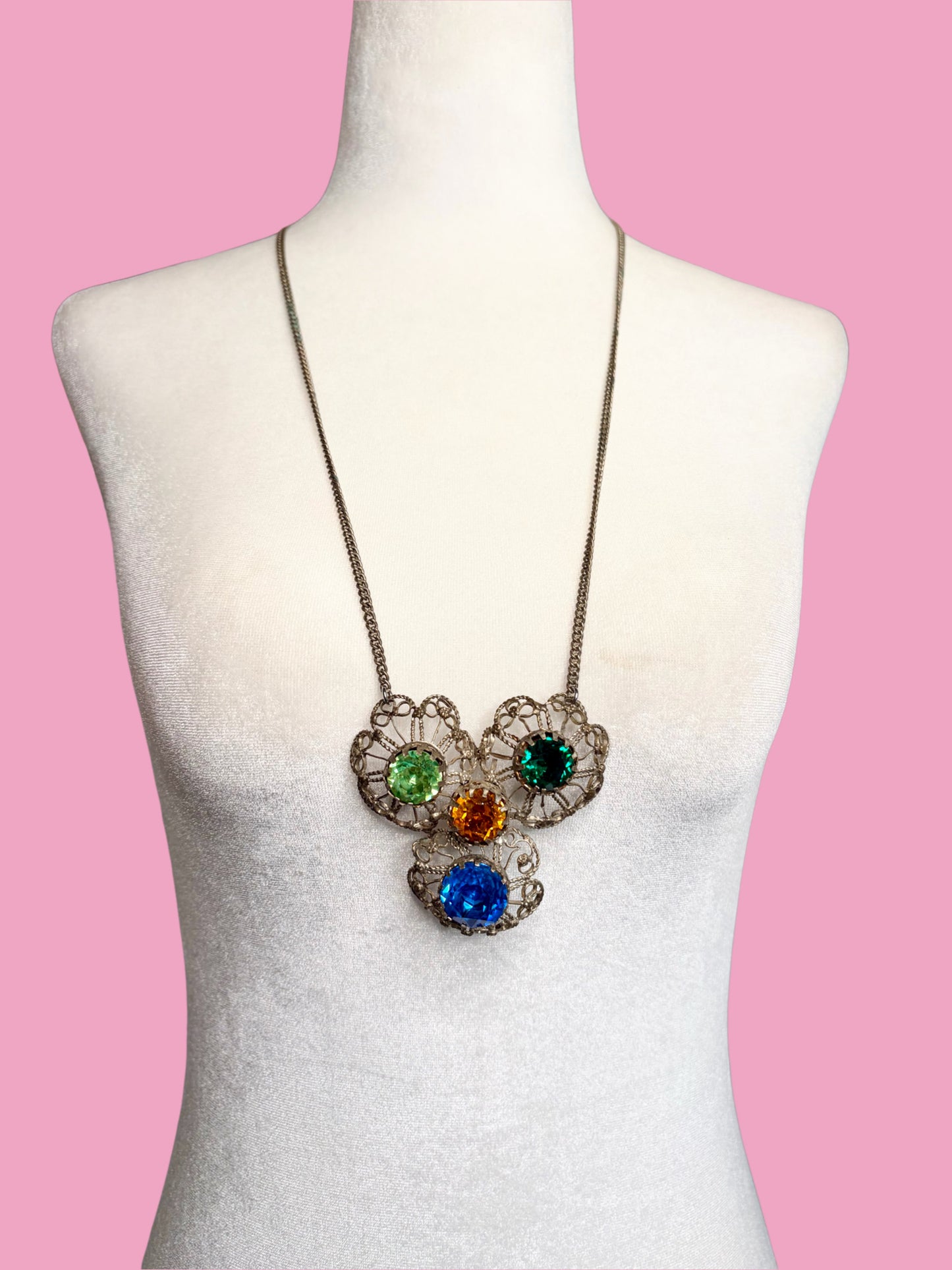 1960s Mid Century Silver Toned Filigree Pendant Necklace w/ Four Vibrant Colored Glass Stones