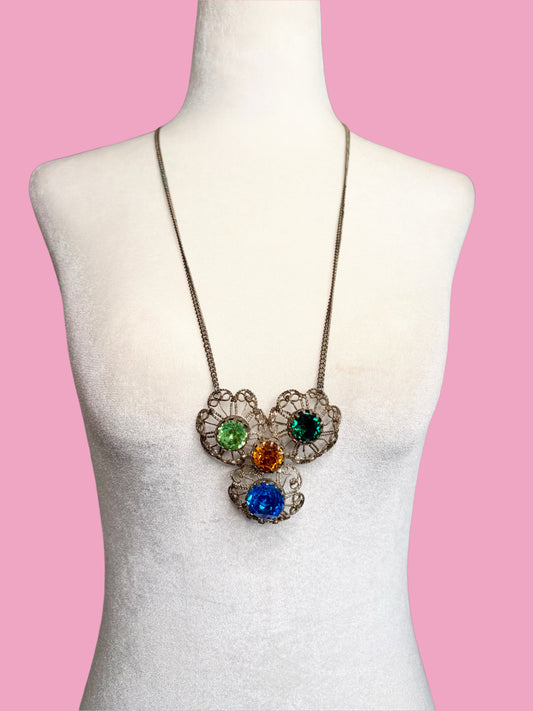 1960s Mid Century Silver Toned Filigree Pendant Necklace w/ Four Vibrant Colored Glass Stones