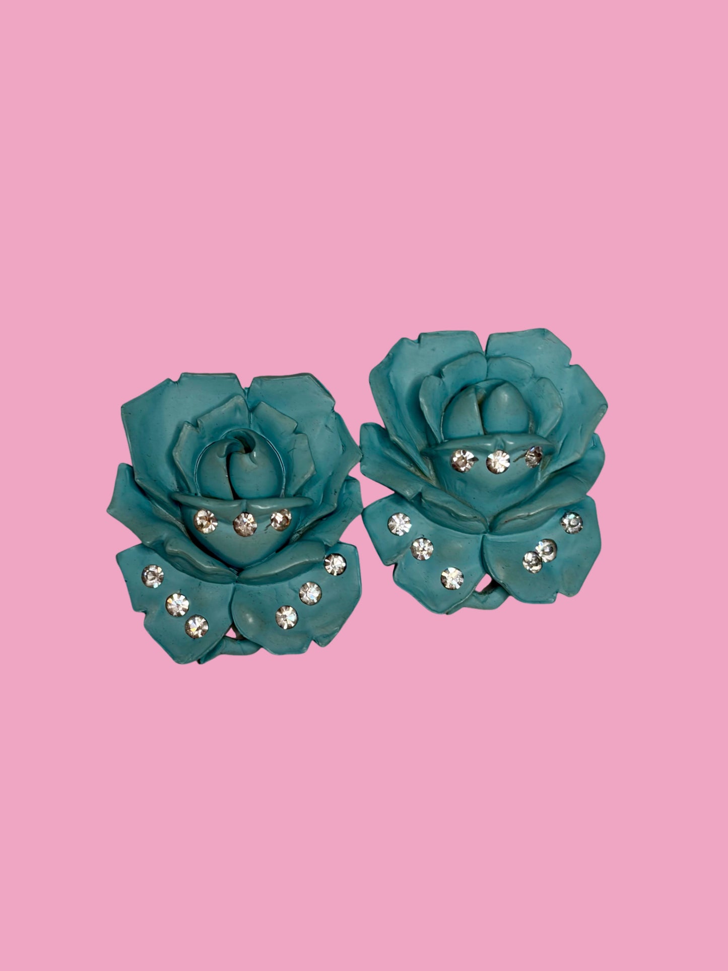 1950s Blue Cabbage Rose/Rhinestone Screwbacks