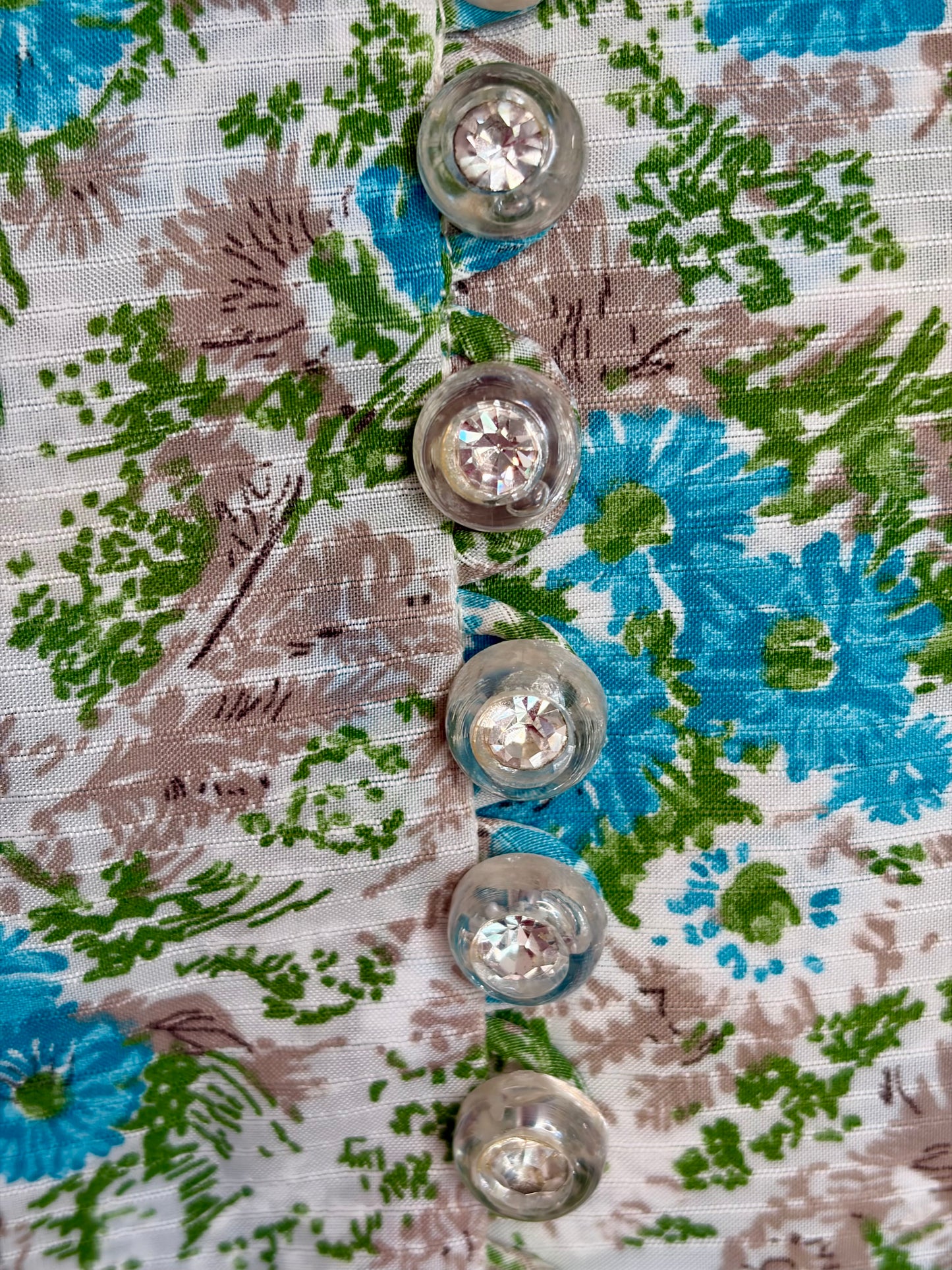 1940s Floral Day Dress w/ Pleated Skirt & Sparkly Buttons