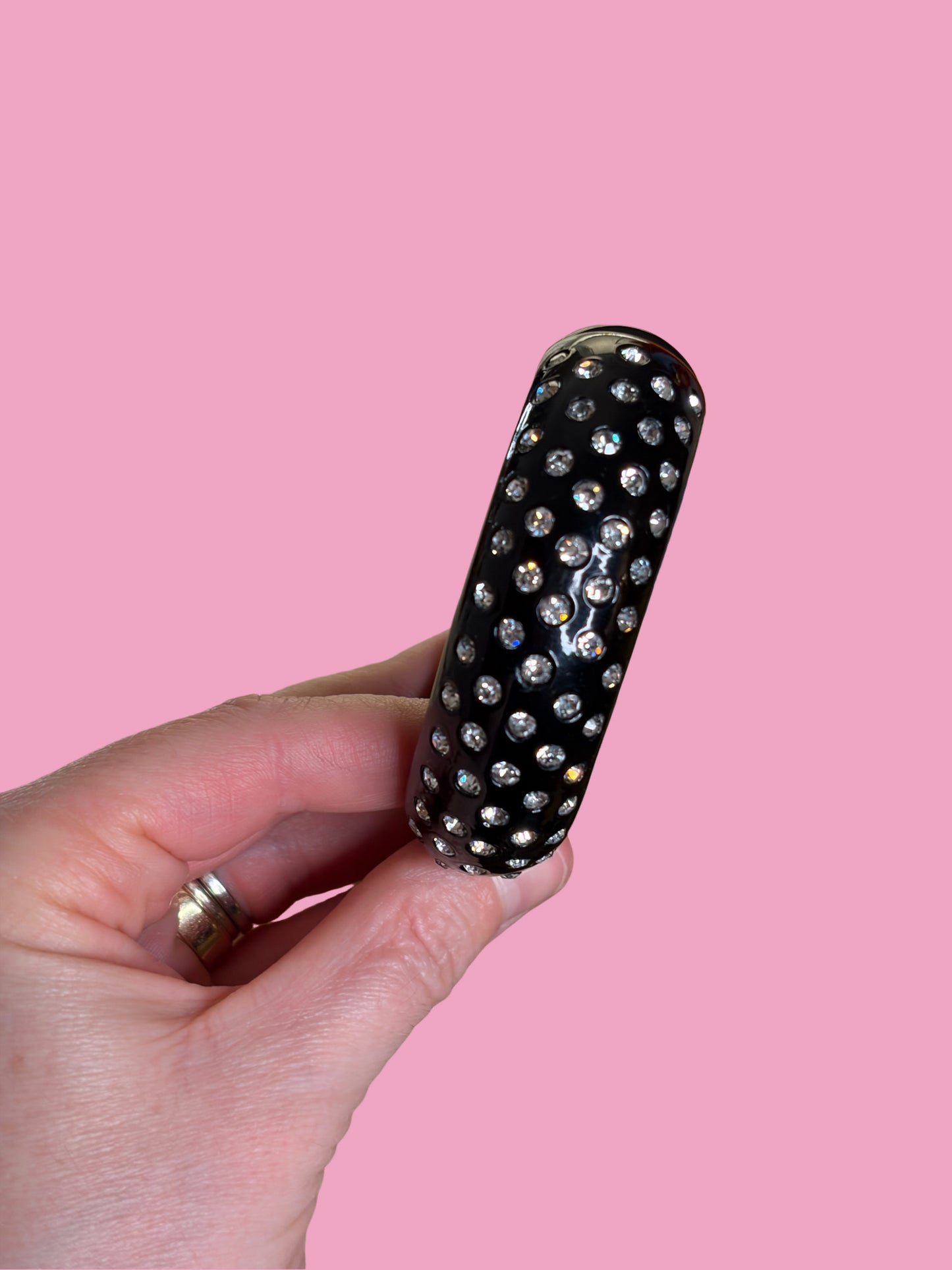 1950s Unsigned Weiss Black Thermoset Clear Rhinestone Clamper Bracelet