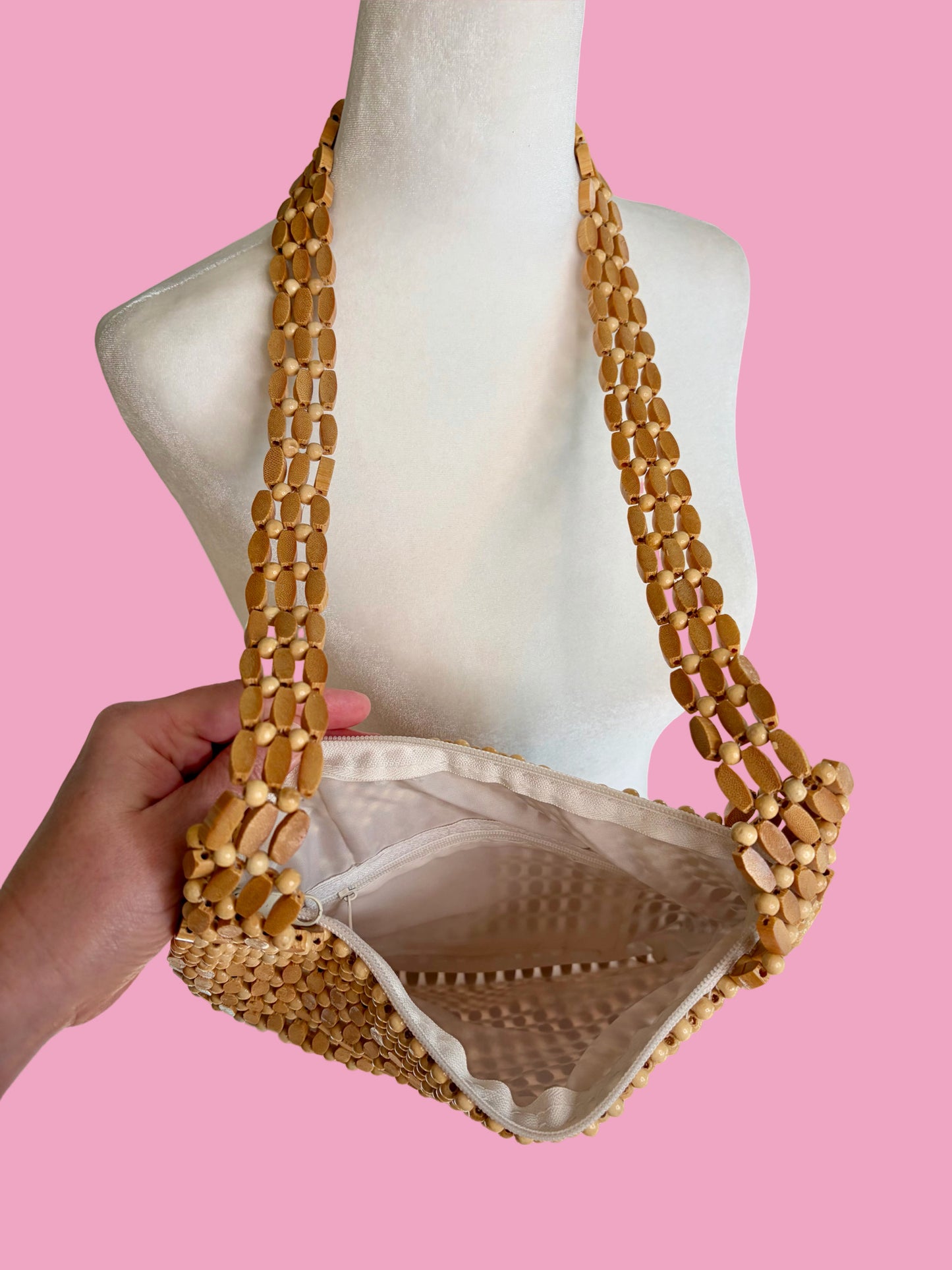 1970s Boho Wooden Beaded Shoulder Bag