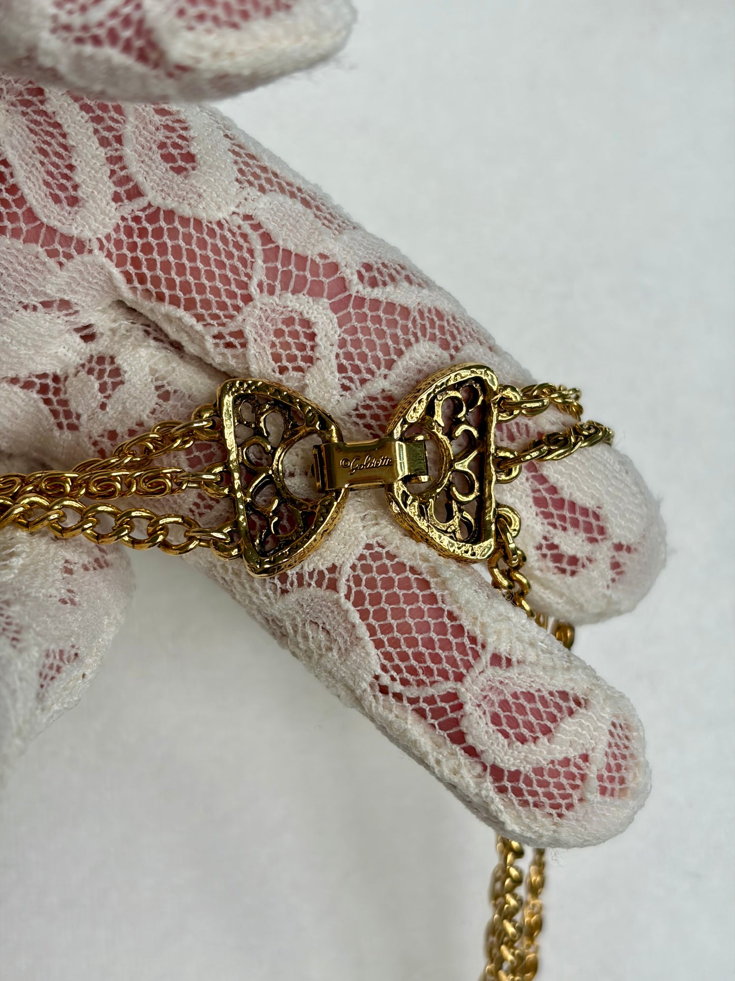 Mid Century Goldette Three Tiered Chain Necklace w/ Purple Glass Cabochon Pendant